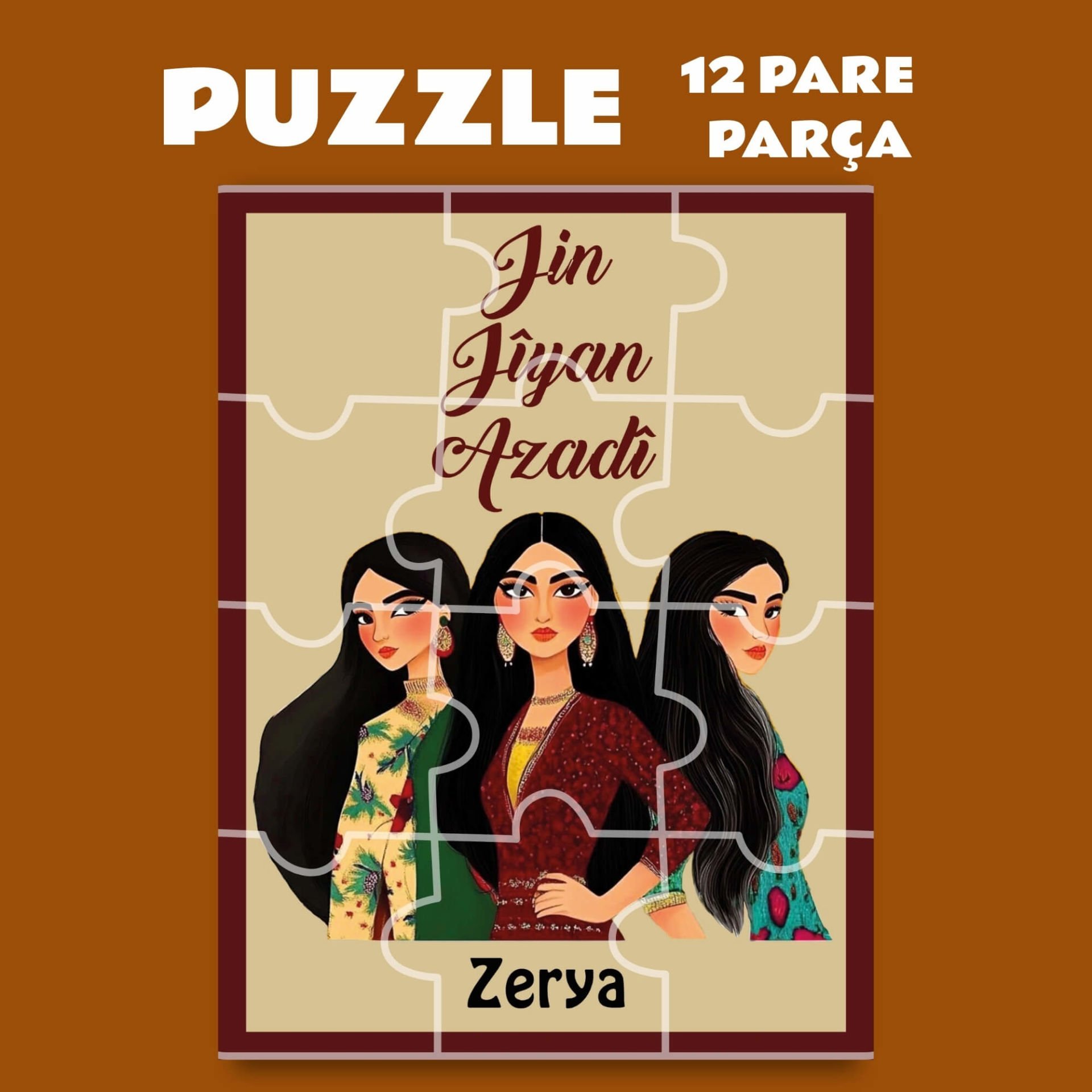 İsme Özel Jin Jiyan Azadi Puzzle - Kürtçe Pazil Yapboz (12 Pare/Parça - A5)