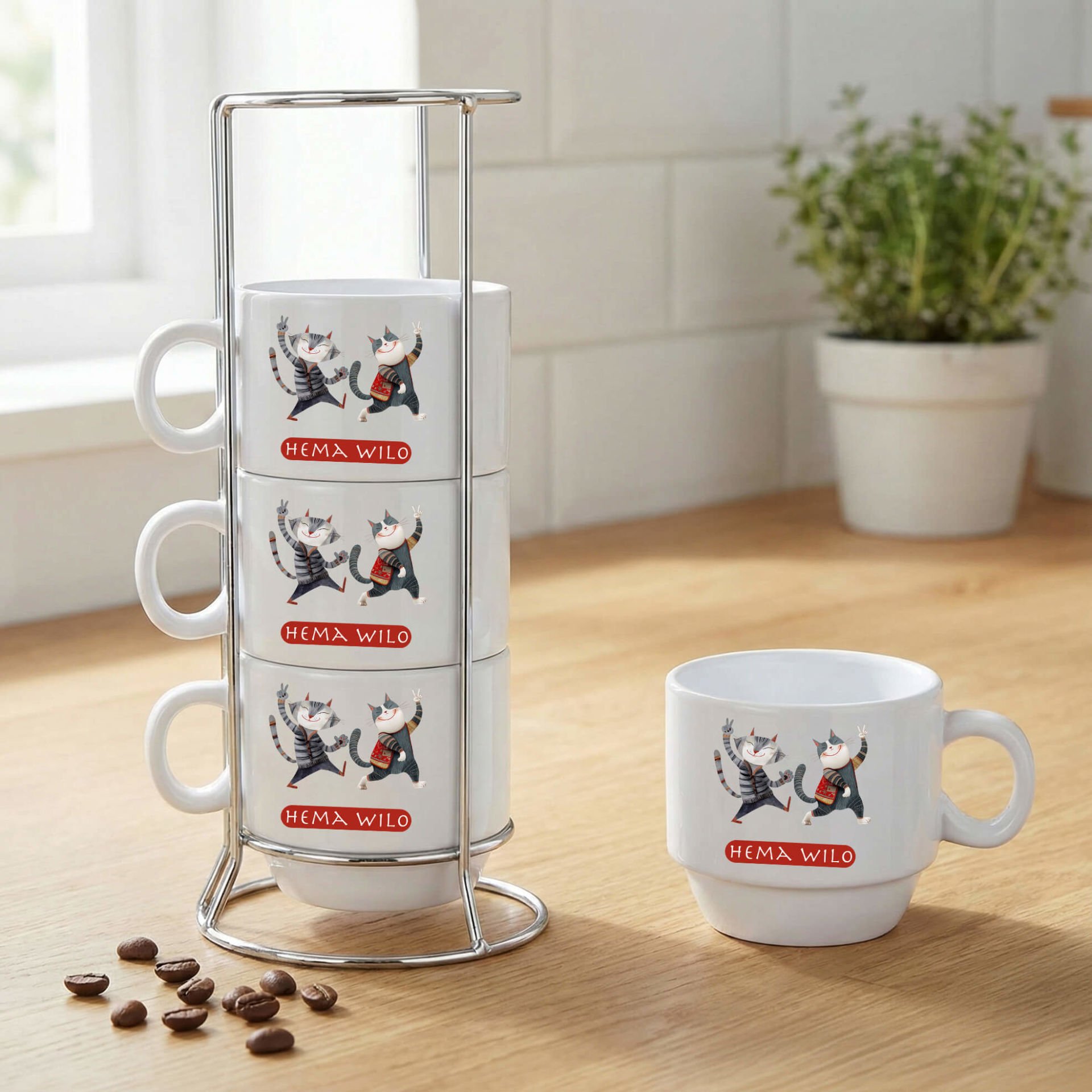 Kürtçe Hema Wilo Standlı 4'lü Porselen Kahve Fincan Seti