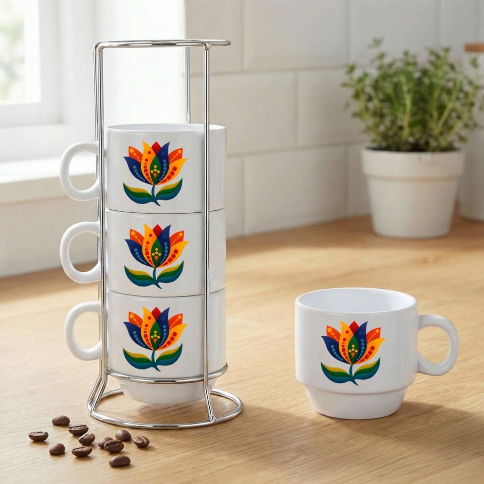 Çiçek Desenli Standlı 4'lü Porselen Kahve Fincan Seti