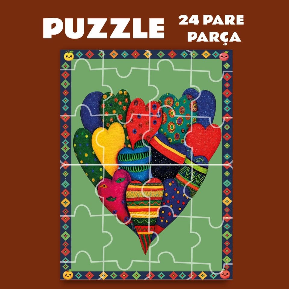 Kalp Desenli Magnetli Puzzle Yapboz (24 Pare/Parça - A5)