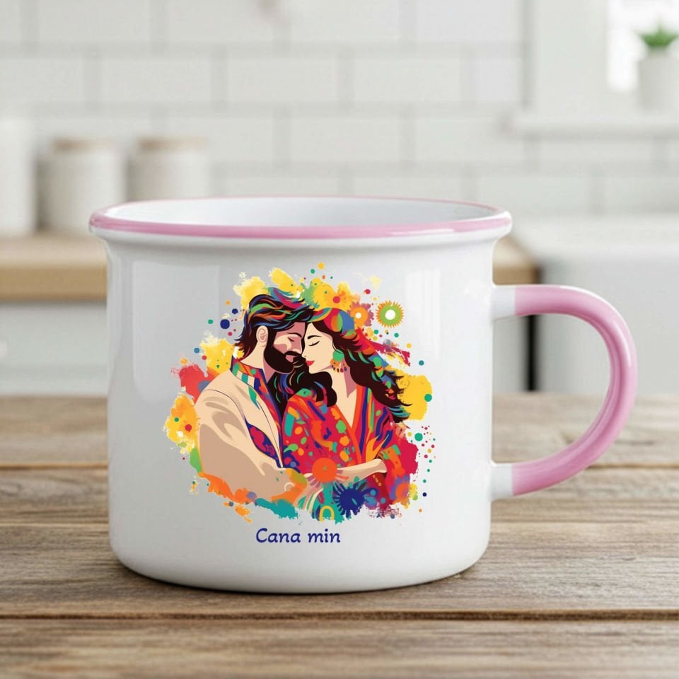 Sevgililere Özel Cana Min Yazılı Mem û Zin Temalı Enamel Pembe Kupa Bardak - Sevgililere Özel Cana Min Yazılı Enamel Kupası
