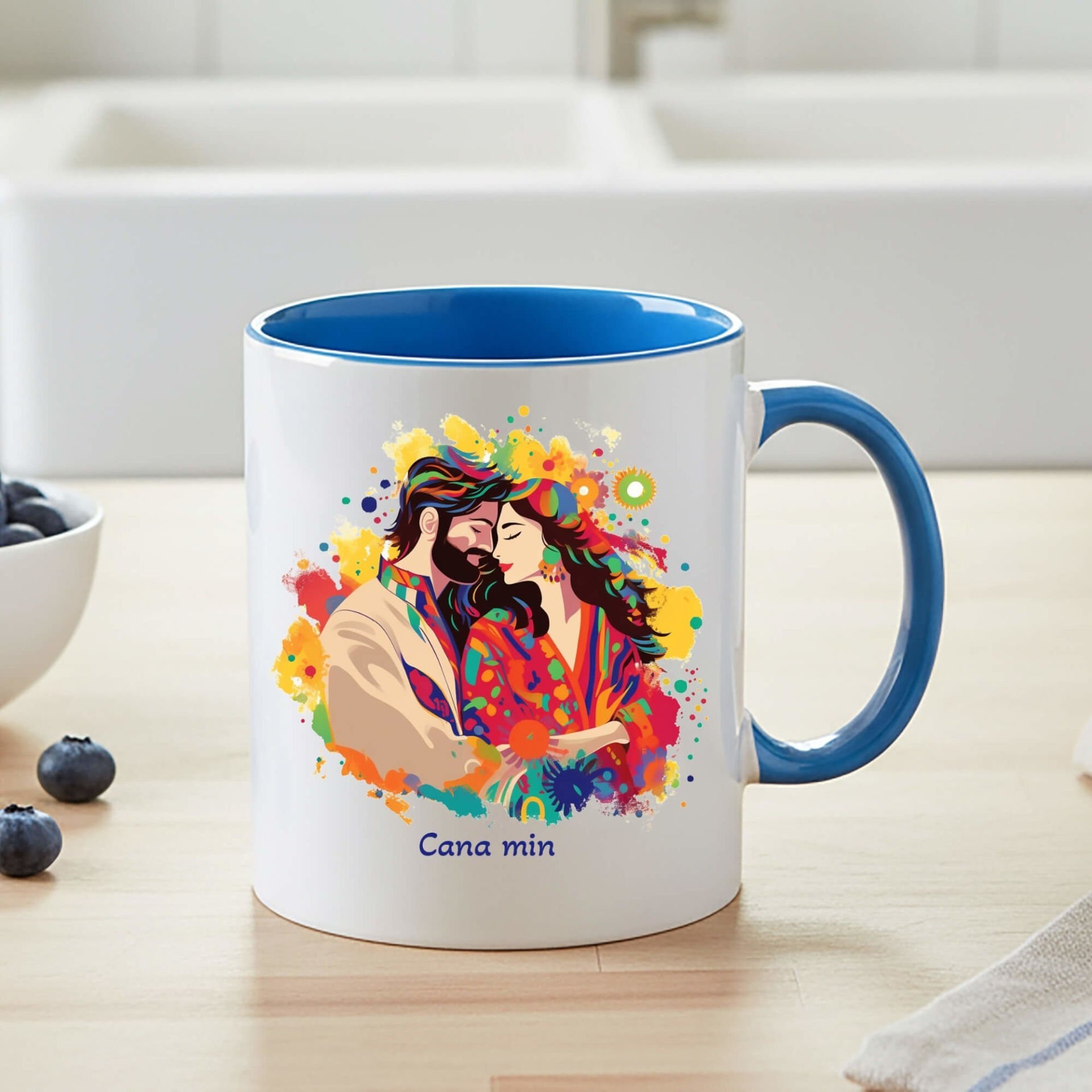 Kürtçe Cana Min Yazılı Mem u Zin Tasarımlı Mavi Renkli Kupa Bardağı - Cana Min Mavi Klasik Kupa Bardak