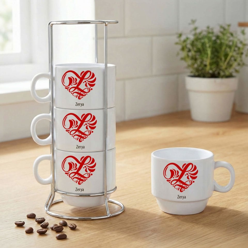 İsme Özel Kalp Desenli Standlı 4'lü Porselen Kahve Fincan Seti