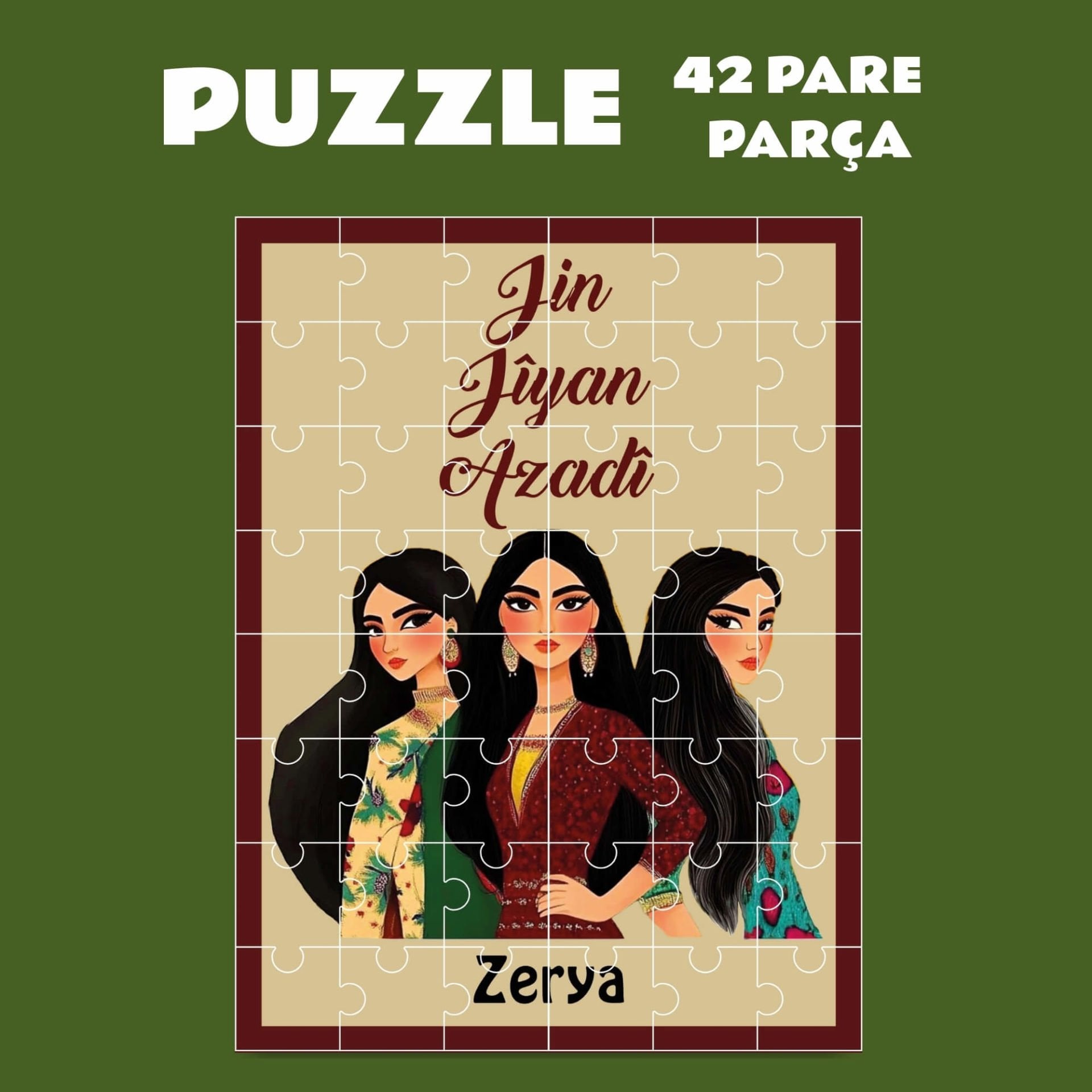 İsme Özel Jin Jiyan Azadi Puzzle - Kürtçe Pazil Yapboz (42 Pare/Parça - A4)