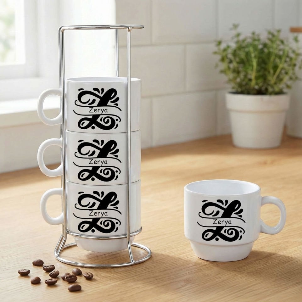 İsme Özel Harf Desenli Standlı 4'lü Porselen Kahve Fincan Seti