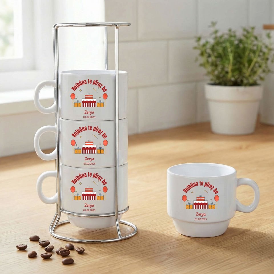 İsme Özel Tarihli Kürtçe Doğum Günü Tasarımlı Standlı 4'lü Porselen Kahve Fincan Seti - Rojbûna Te Piroz Be Kahve Fincanları