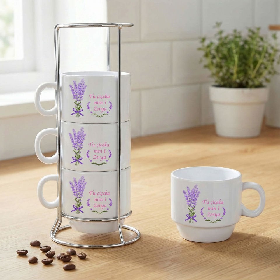 İsme Özel Kürtçe Tu Çiçeka Min i Yazılı Standlı 4'lü Porselen Kahve Fincan Seti - Tu Çiçeka Min i Kahve Fincanları