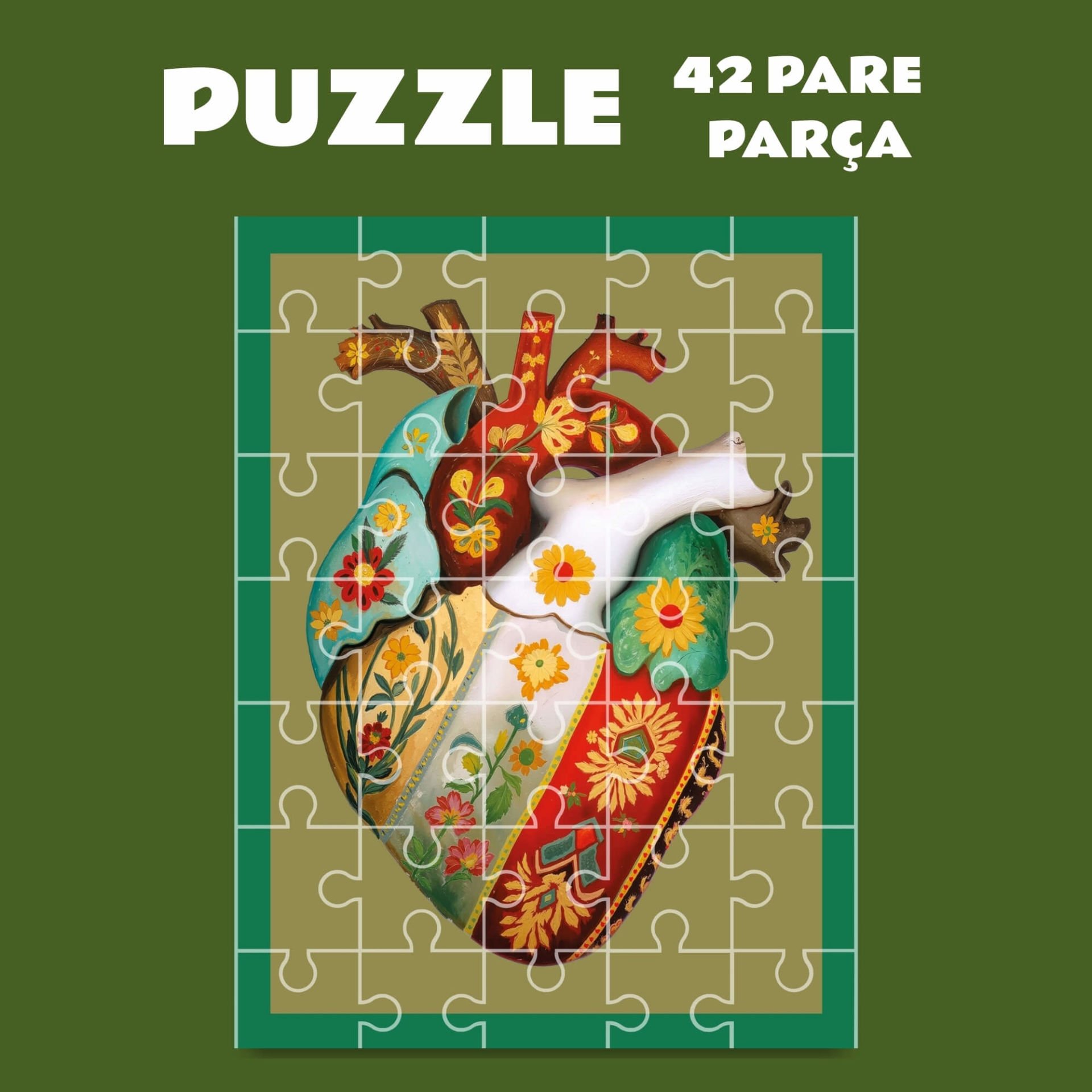 Kalp Tasarımlı Puzzle Yapboz (42 Pare/Parça - A4)