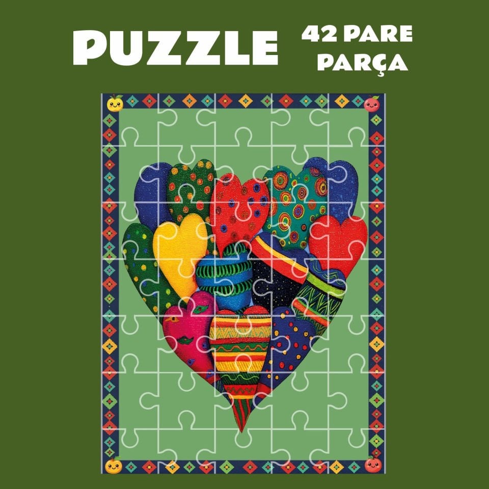 Kalp Desenli Puzzle Yapboz (42 Pare/Parça - A4)