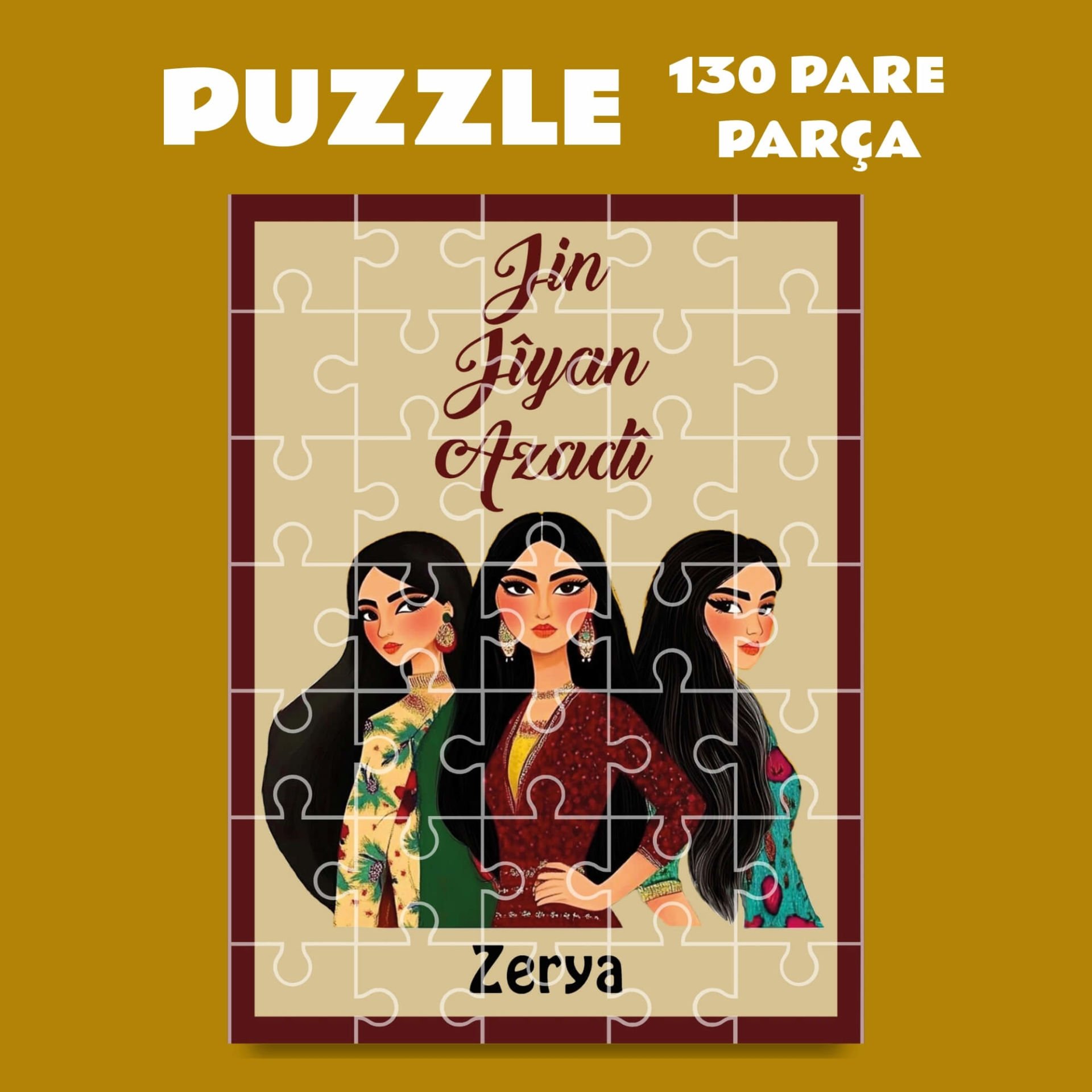İsme Özel Jin Jiyan Azadi Pazil Puzzle Yapboz (130 Pare/Parça - A3)