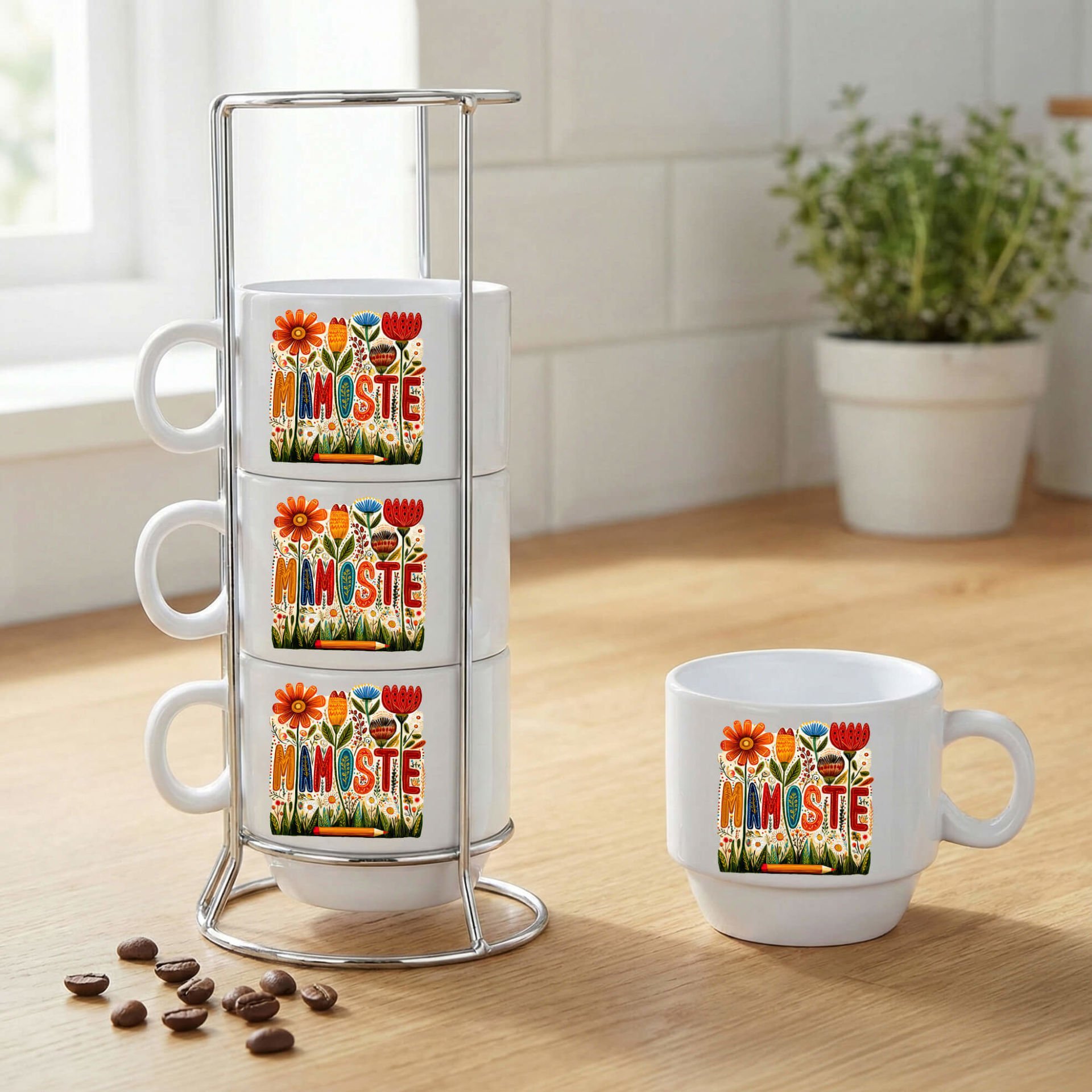 Kürtçe Mamoste Yazılı Standlı 4'lü Porselen Kahve Fincan Seti - Öğretmenler Günü İçin Kürtçe Kahve Fincanları