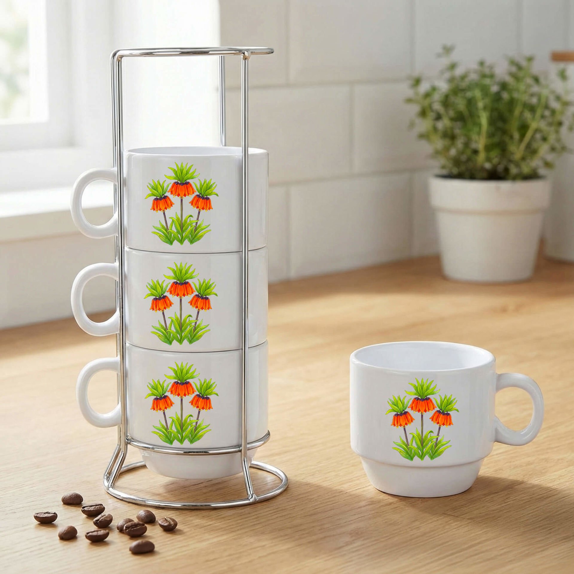 Guldexwîn Ters Lale Çiçekli Standlı 4'lü Porselen Kahve Fincan Seti - Guldexwîn Tasarımlı Kahve Fincanları