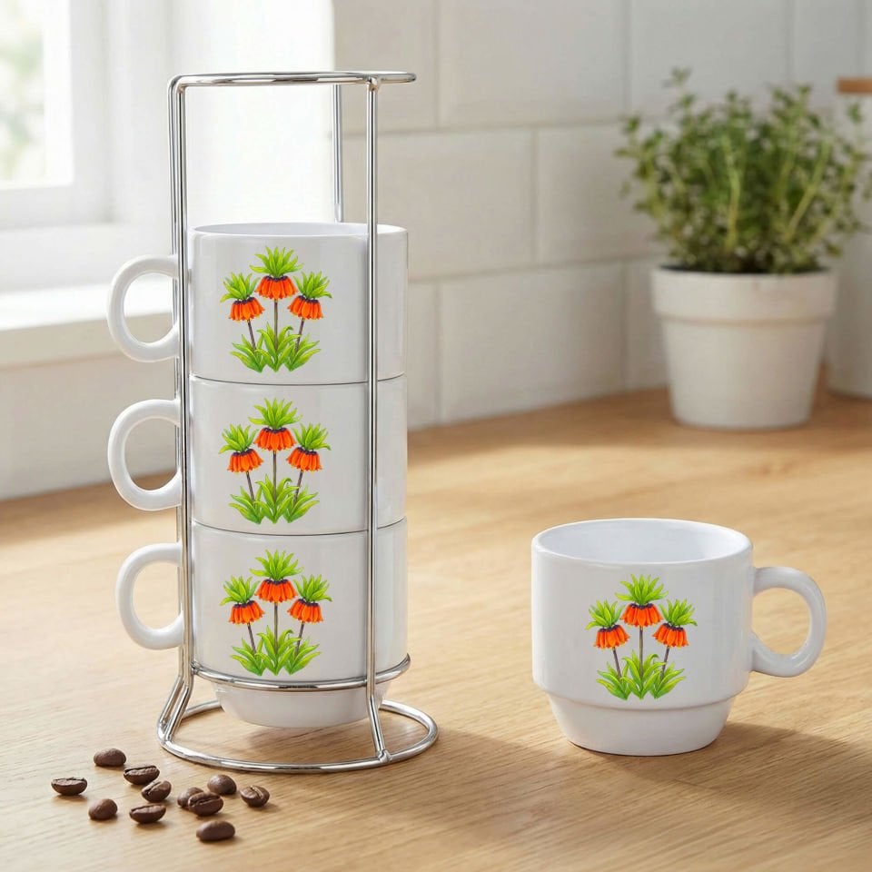 Guldexwîn Ters Lale Çiçekli Standlı 4'lü Porselen Kahve Fincan Seti - Guldexwîn Tasarımlı Kahve Fincanları