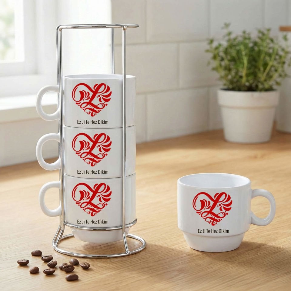 Kürtçe Ez Ji Te Hez Dikim Kalp Desenli Standlı 4'lü Porselen Kahve Fincan Seti - Ez Ji Te Hez Dikim Kahve Fincanları