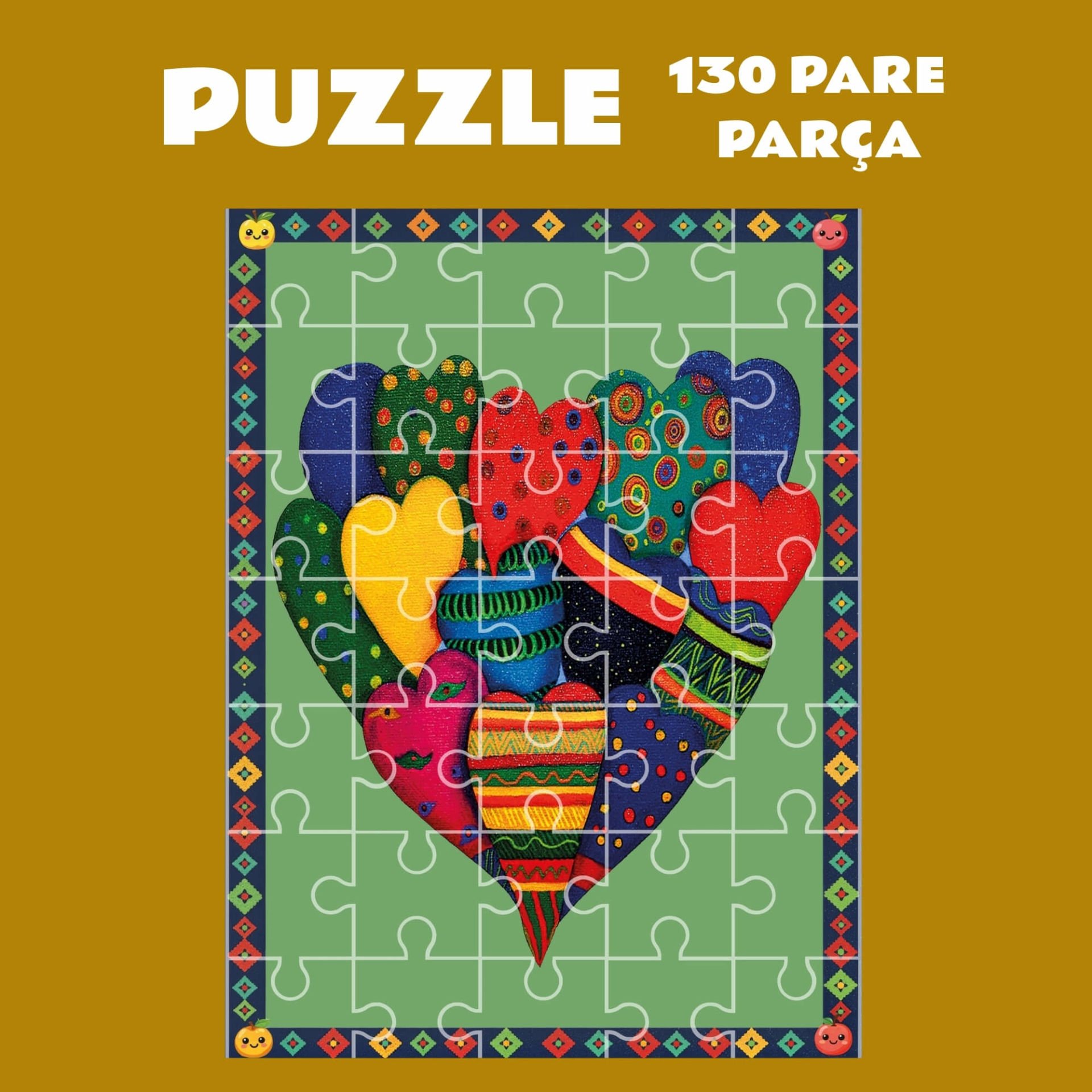 Kalp Desenli Puzzle Yapboz (130 Pare/Parça - A3)