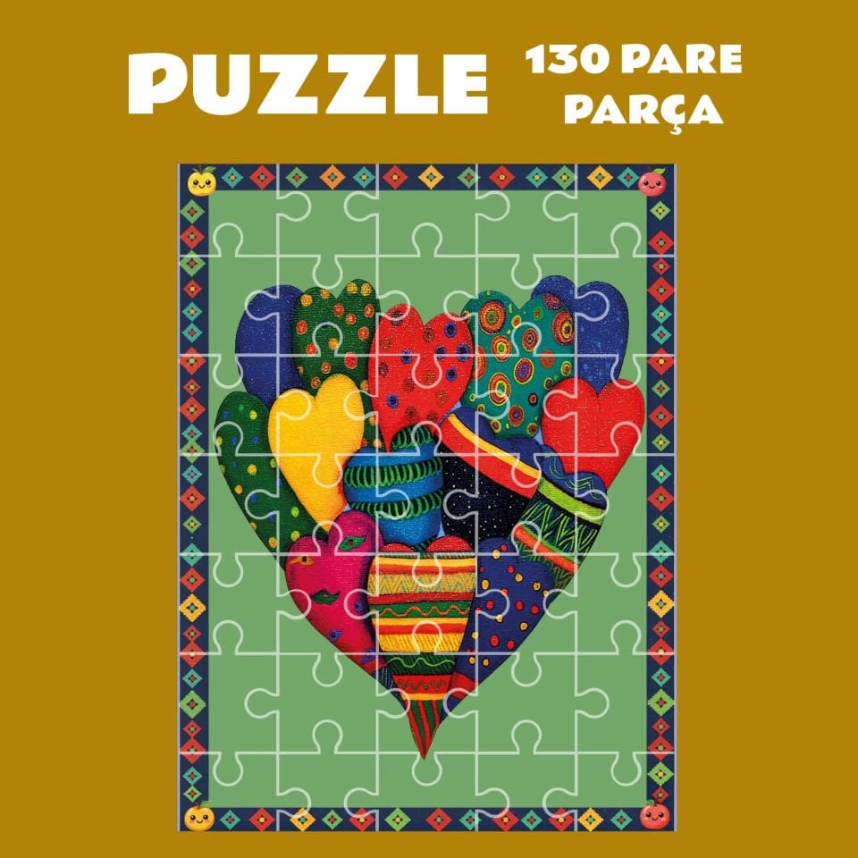 Kalp Desenli Puzzle Yapboz (130 Pare/Parça - A3)
