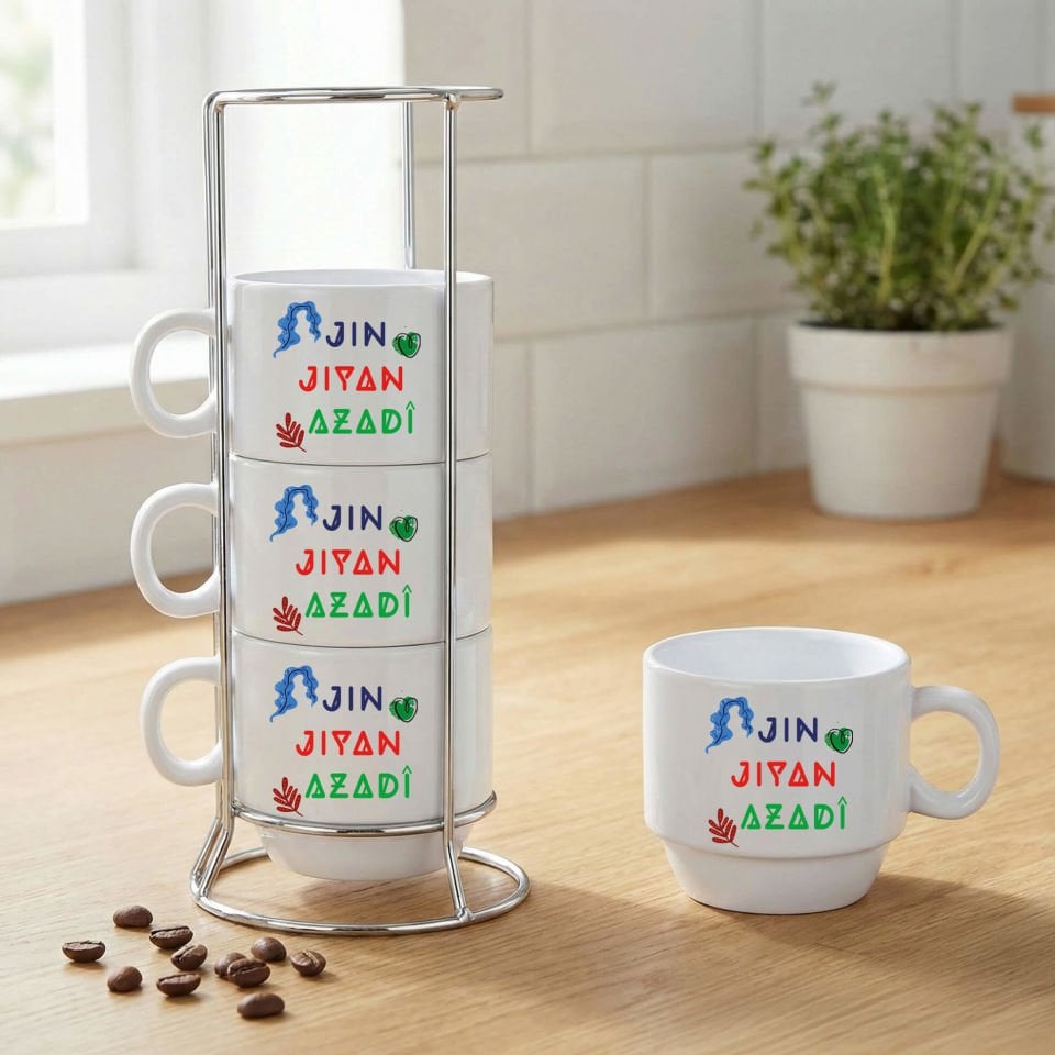Jin Jiyan Azadi Yazılı Standlı 4'lü Porselen Kahve Fincan Seti - Jin Jiyan Azadi Kahve Fincanları