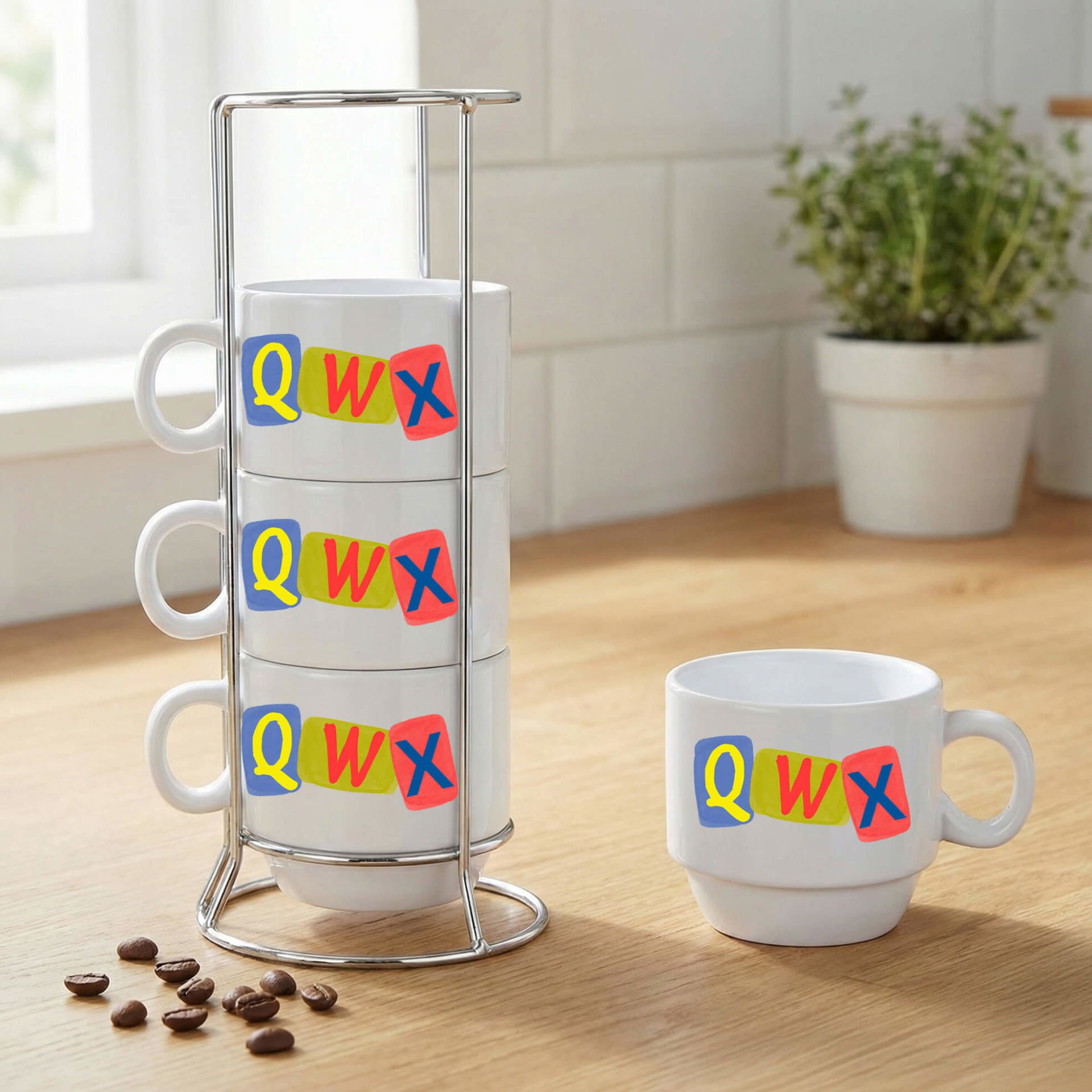 Kürtçe Harfler Zimanê Kurdî Tasarımlı Standlı 4'lü Porselen Kahve Fincan Seti - Kürtçe Harfler Kahve Fincanları