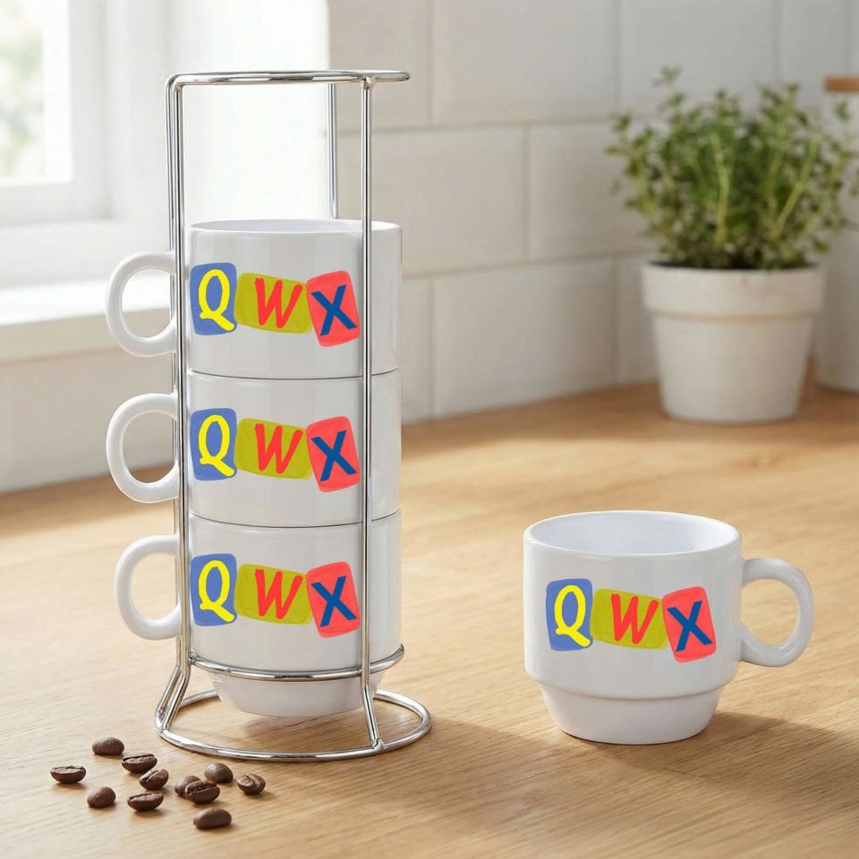 Kürtçe Harfler Zimanê Kurdî Tasarımlı Standlı 4'lü Porselen Kahve Fincan Seti - Kürtçe Harfler Kahve Fincanları