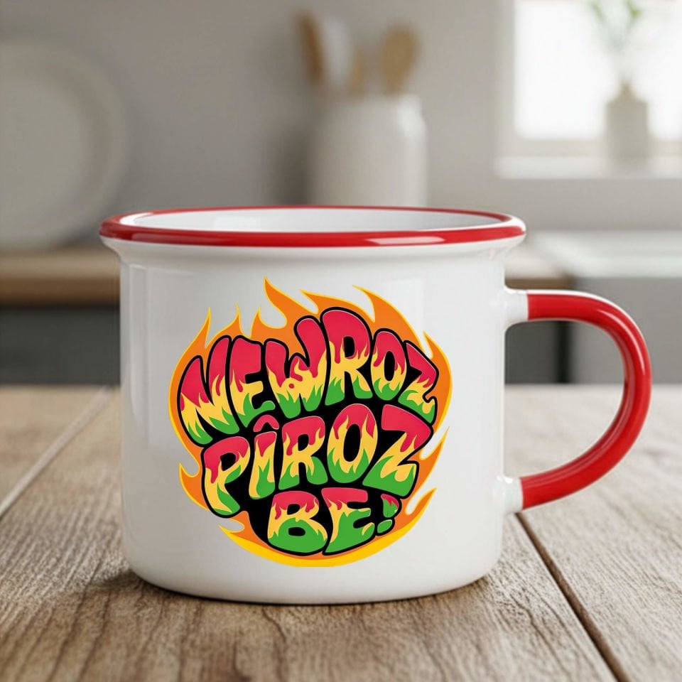 Newroz Pîroz be Ateş Tasarımlı Enamel Kırmızı Kupa Bardağı