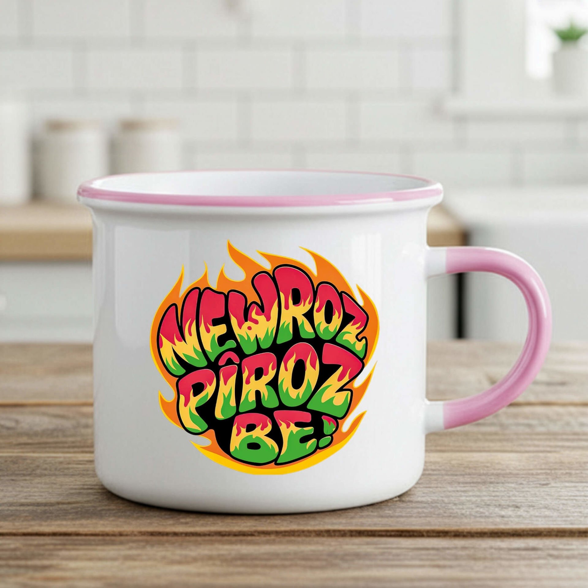 Newroz Pîroz be Ateş Tasarımlı Enamel Pembe Kupa Bardağı
