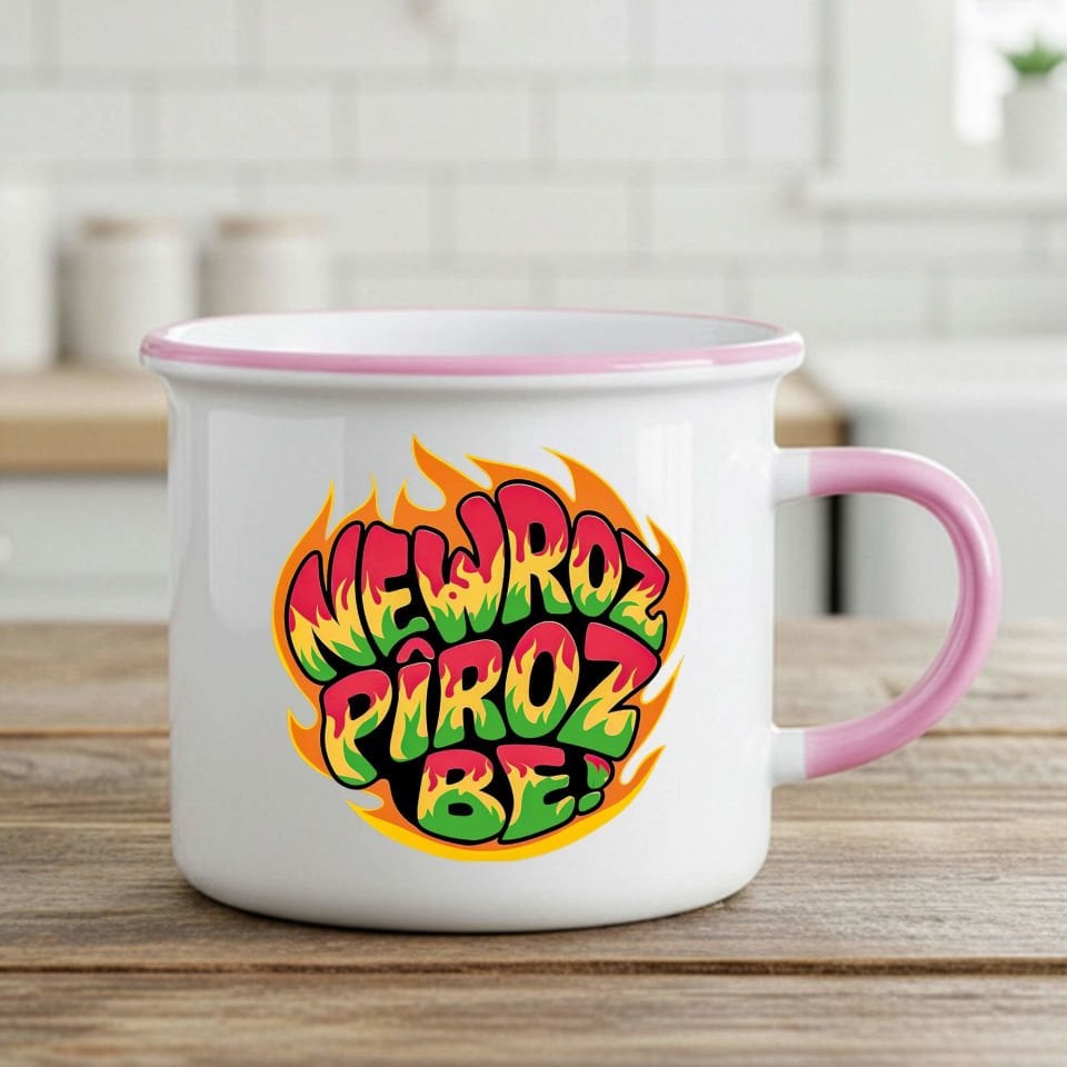 Newroz Pîroz be Ateş Tasarımlı Enamel Pembe Kupa Bardağı