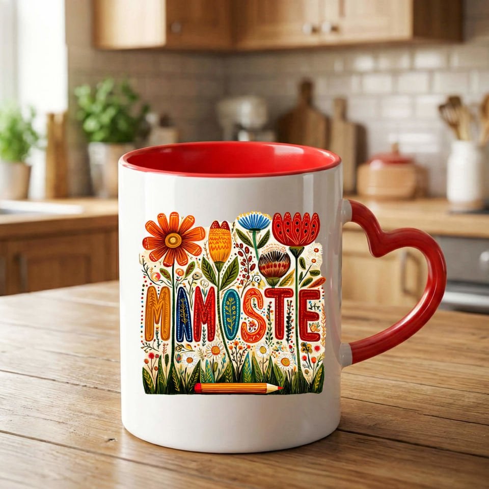 Kürtçe Mamoste Yazılı Kırmızı Renkli Kalp Kupa Bardağı - Öğretmenler İçin Mamoste Kalp Kupa Bardak