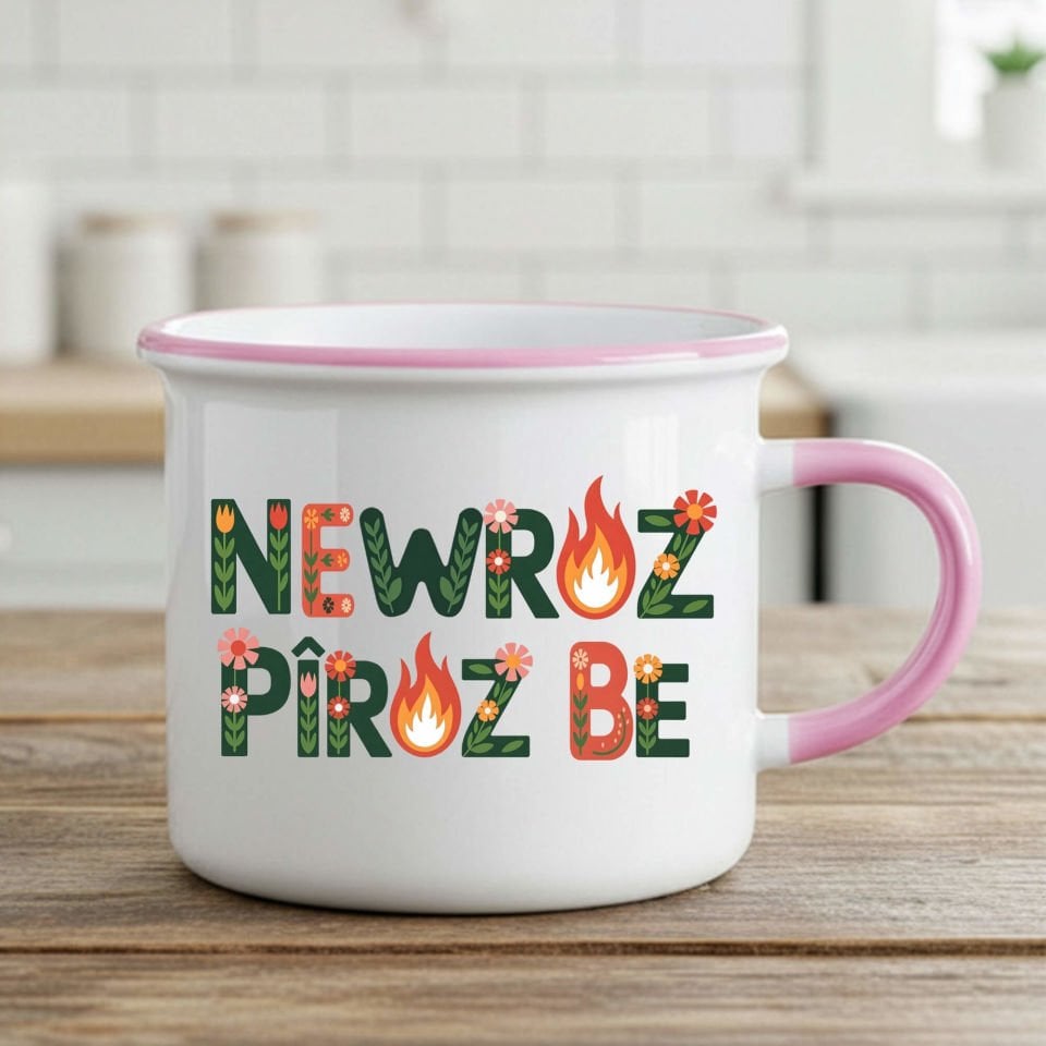 Newroz Pîroz be Çiçek Tasarımlı Enamel Pembe Kupa Bardağı
