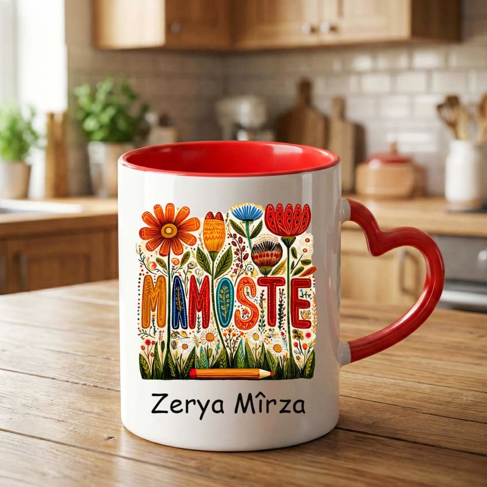 İsme Özel Kürtçe Mamoste Yazılı Kırmızı Renkli Kalp Kupa Bardağı - Öğretmenler İçin Mamoste Kalp Kupa Bardak