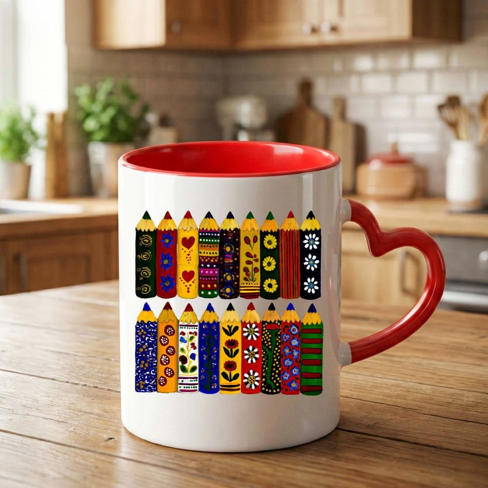 Kalem Desenli Kırmızı Renkli Kalp Kupa Bardağı - Kalem Desenli Kalp Kupa Bardak