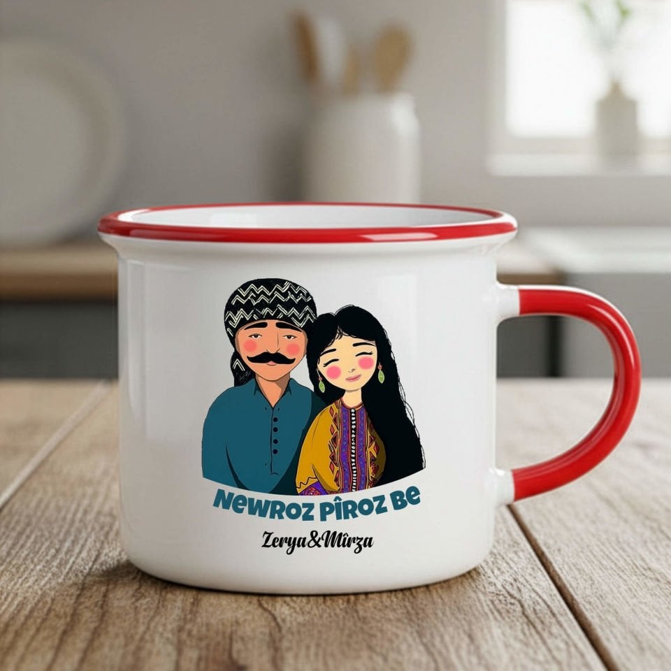 İsme Özel Newroz Pîroz be Mem û Zîn Tasarımlı Enamel Kırmızı Kupa Bardağı