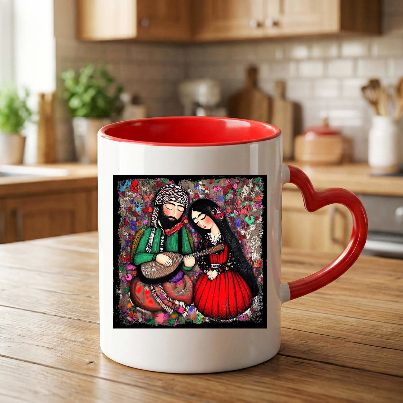 Mem û Zin Tasarımlı Kırmızı Renkli Kalp Kupa Bardağı - Mem û Zin Kalp Kupa Bardak