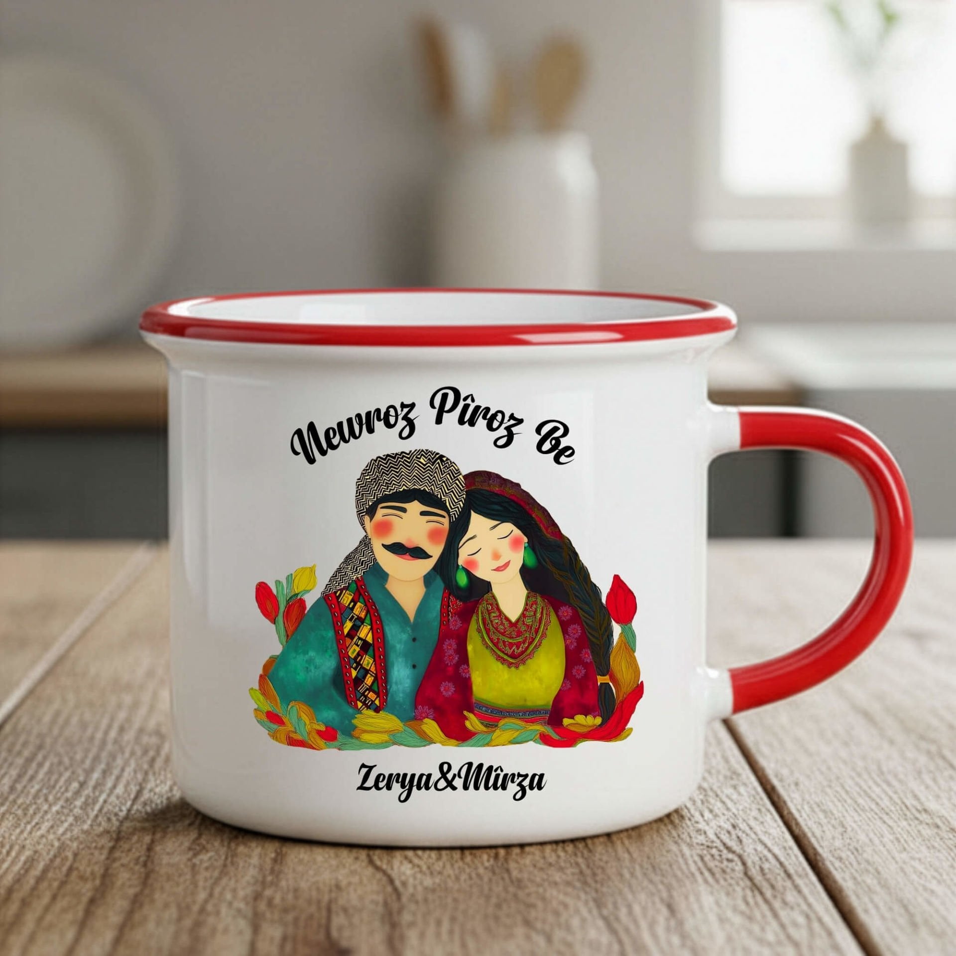 İsme Özel Newroz Pîroz be Gülümseyen Mem û Zîn Tasarımlı Enamel Kırmızı Kupa Bardağı