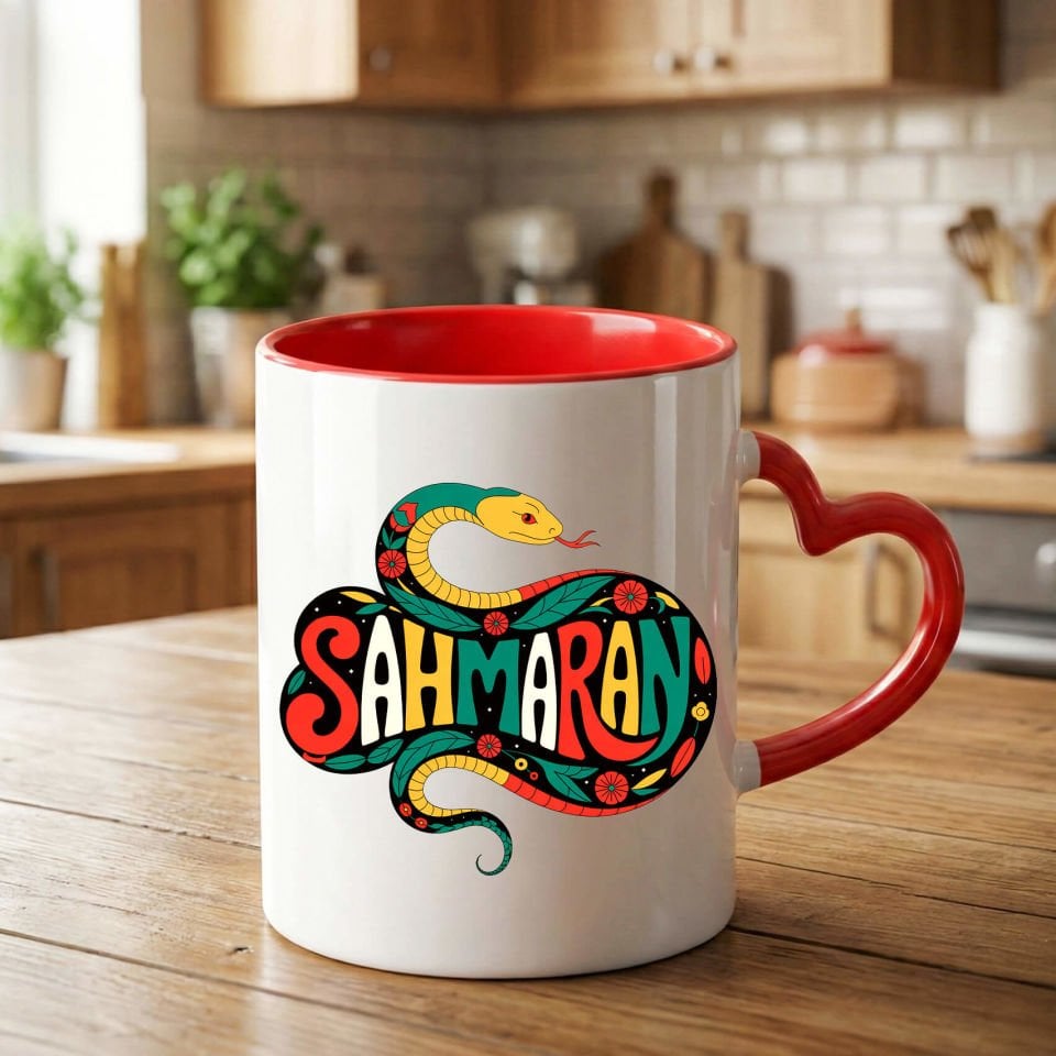 Şahmaran Tasarımlı Kırmızı Renkli Kalp Kupa Bardağı - Şahmaran Kalp Kupa Bardak