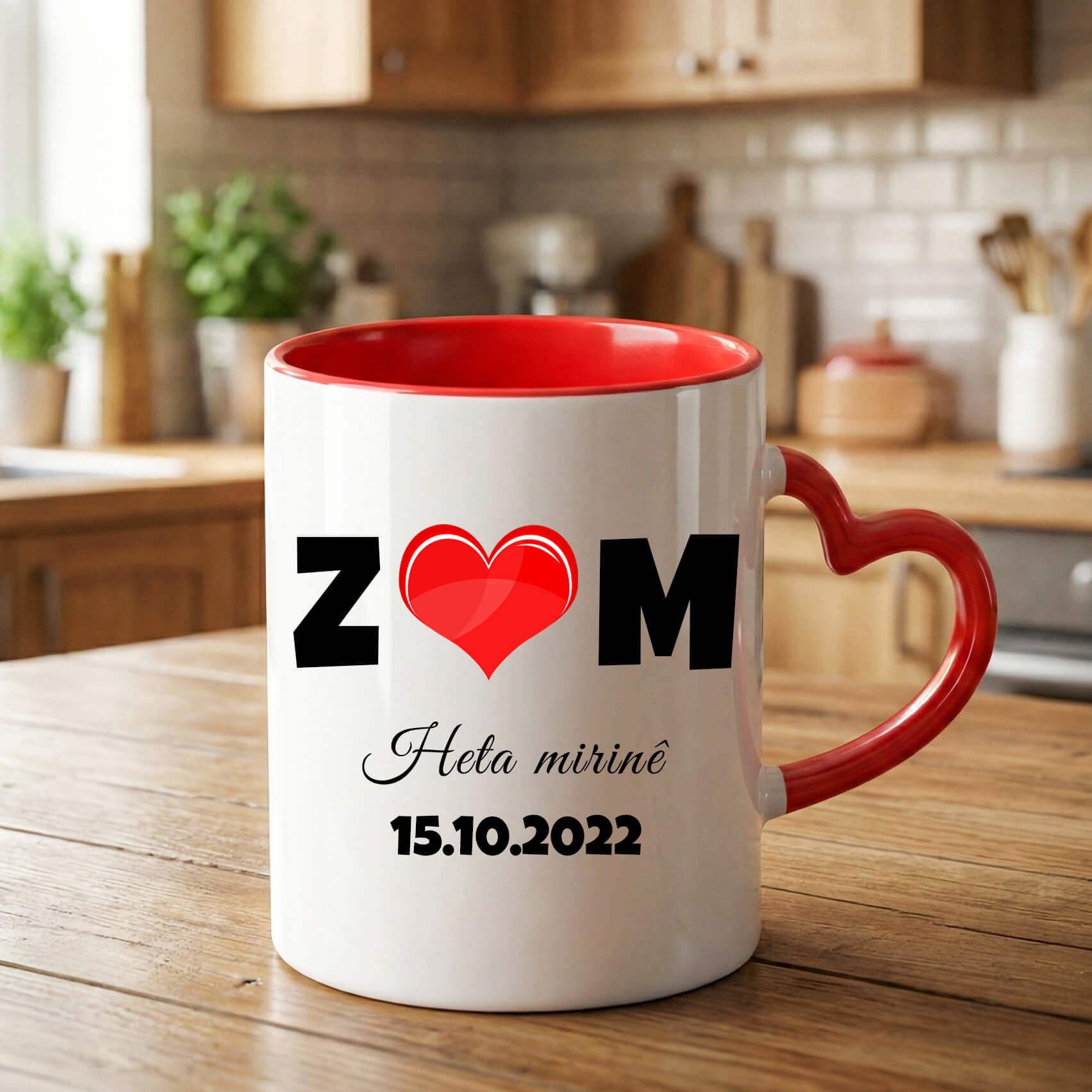 Kürtçe Heta Mirinê Yazılı Tarihli Harfli Kırmızı Renkli Kalp Kupa Bardağı - Sevgililer İçin Heta Mirinê Kalp Kupa Bardak