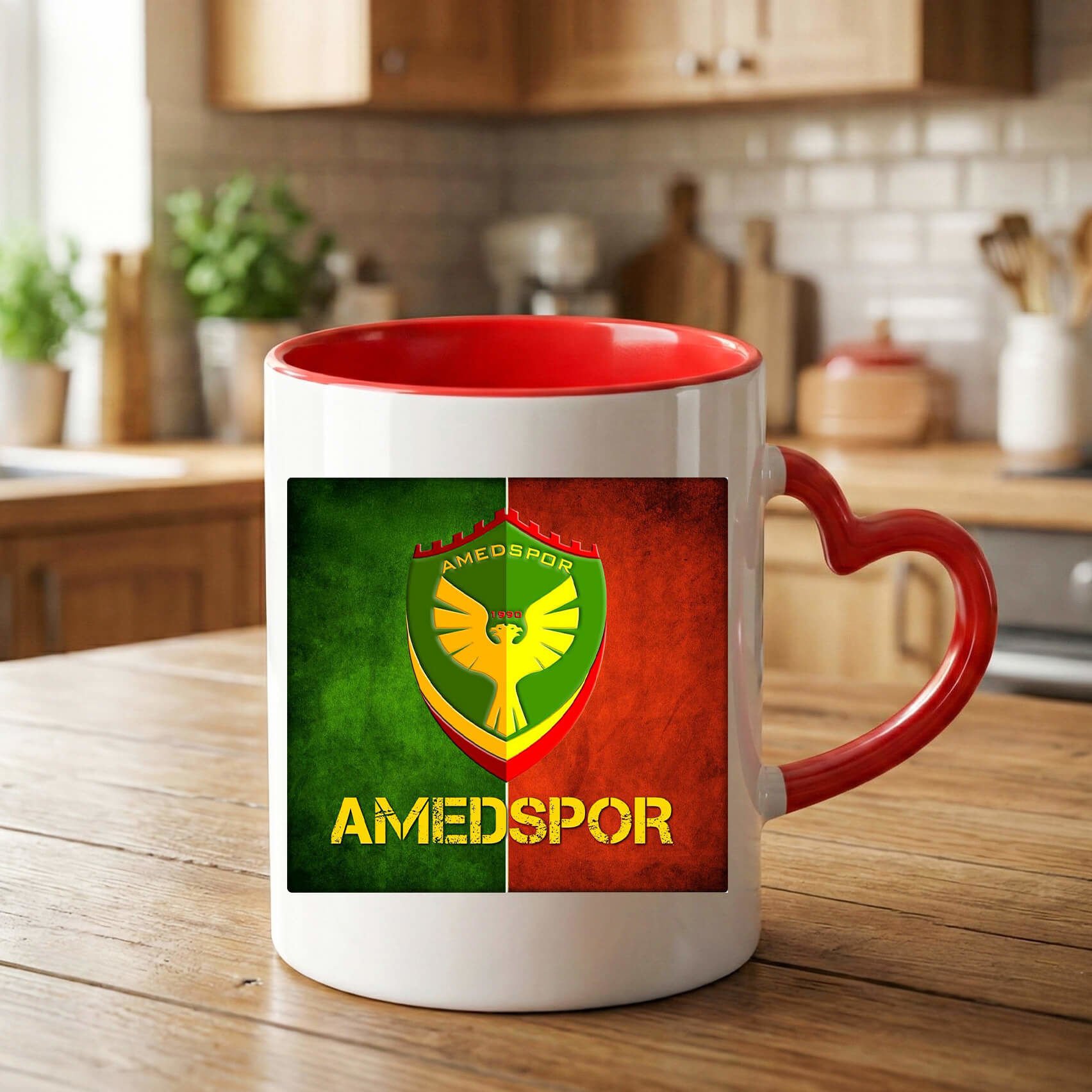 Amedspor Tasarımlı Kırmızı Renkli Kalp Kupa Bardağı - Amed Spor Kalp Kupa Bardak
