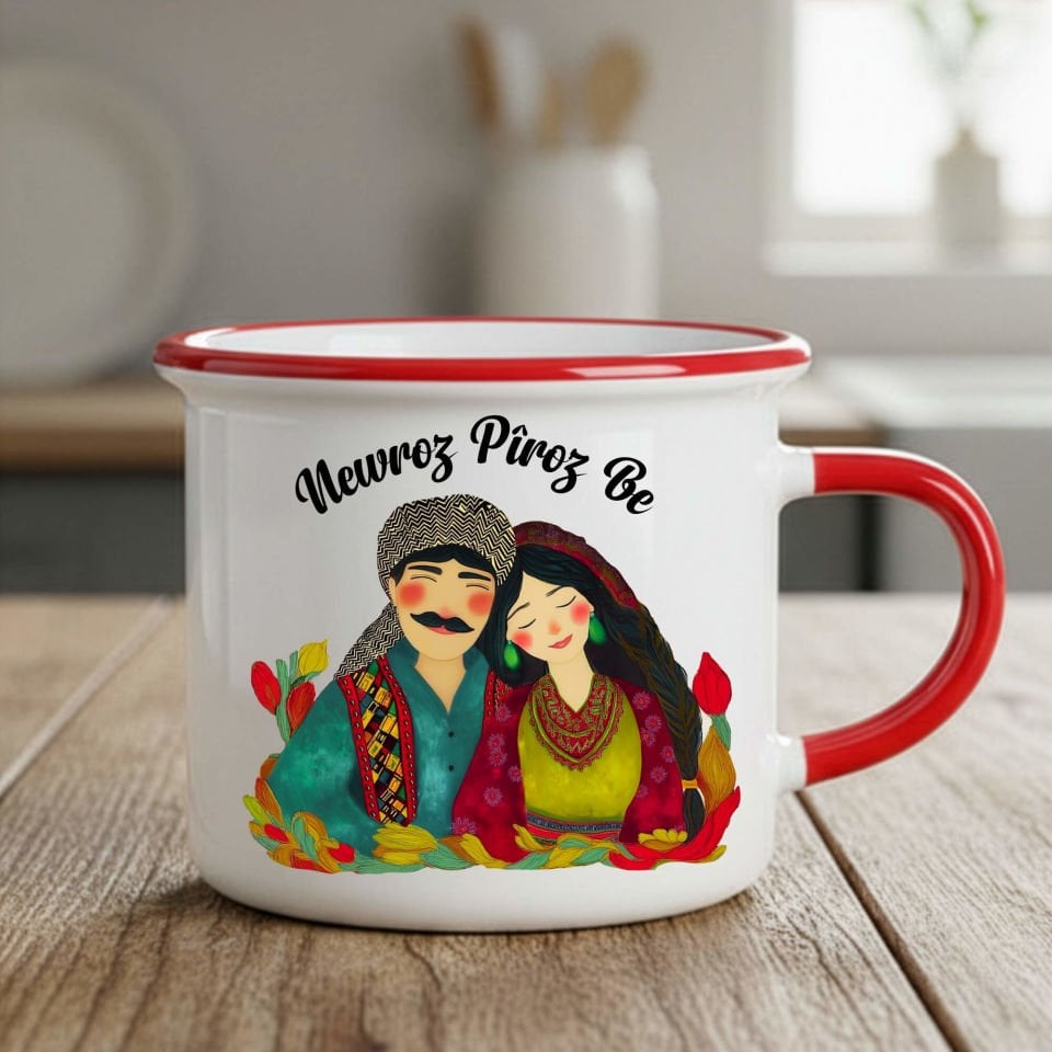 Newroz Pîroz be Gülümseyen Mem û Zîn Tasarımlı Enamel Kırmızı Kupa Bardağı