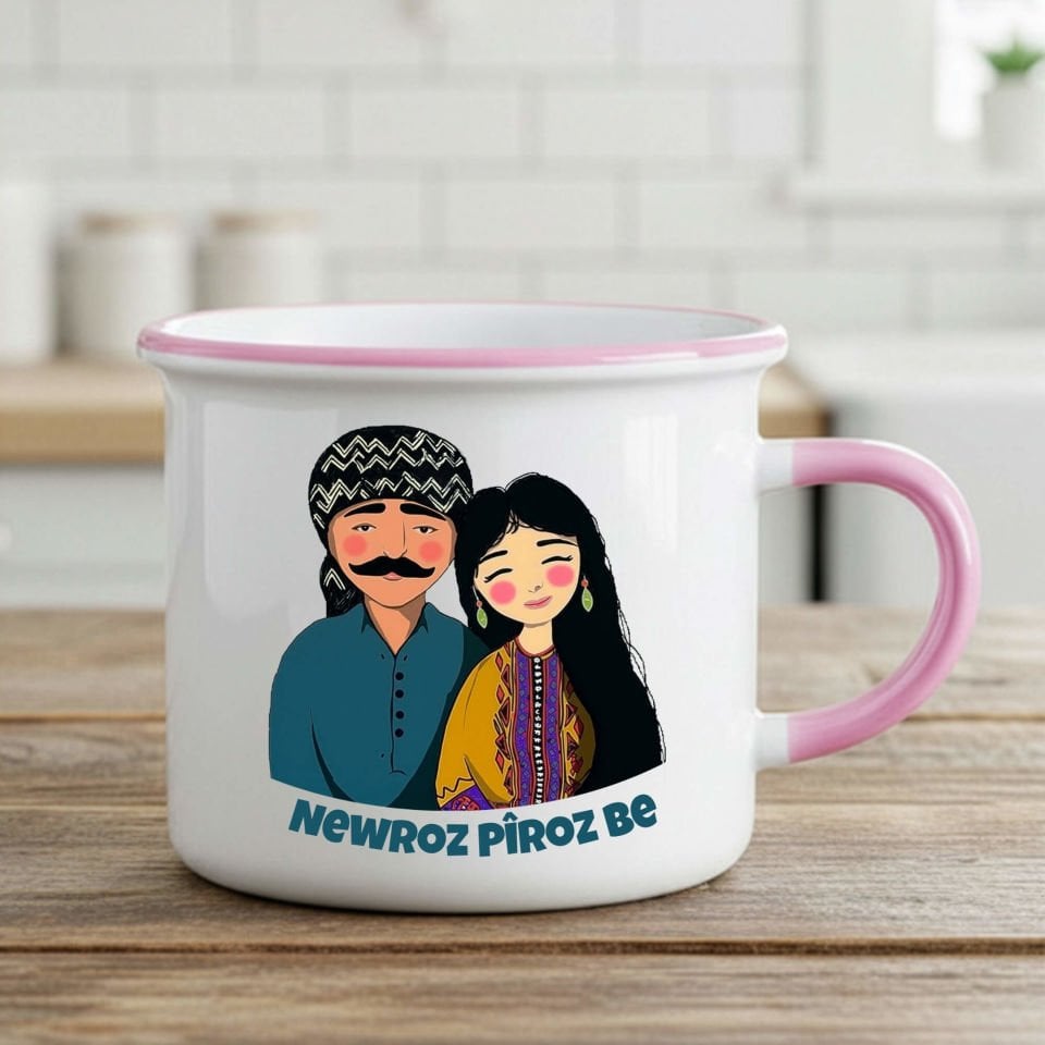 Newroz Pîroz be Mem û Zîn Tasarımlı Enamel Pembe Kupa Bardağı