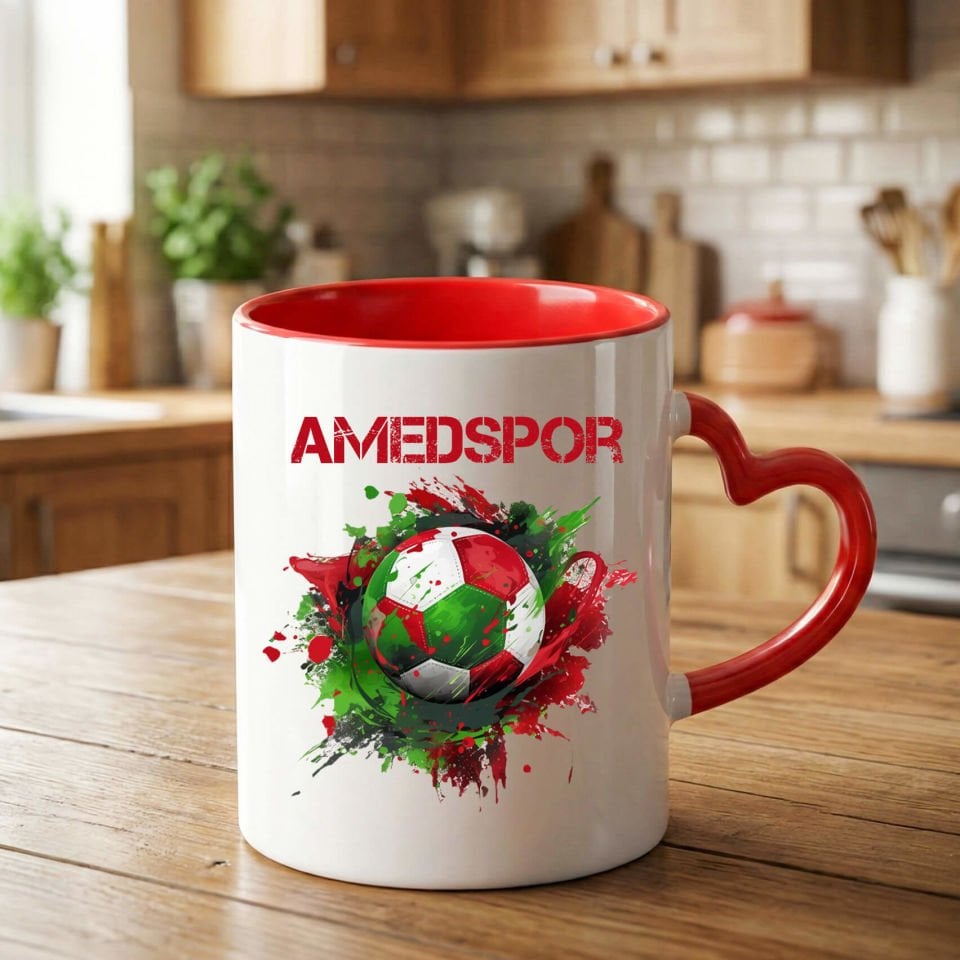 Amedspor Futbol Toplu Tasarımlı Kırmızı Renkli Kalp Kupa Bardağı - Amed Spor Toplu Kalp Kupa Bardak