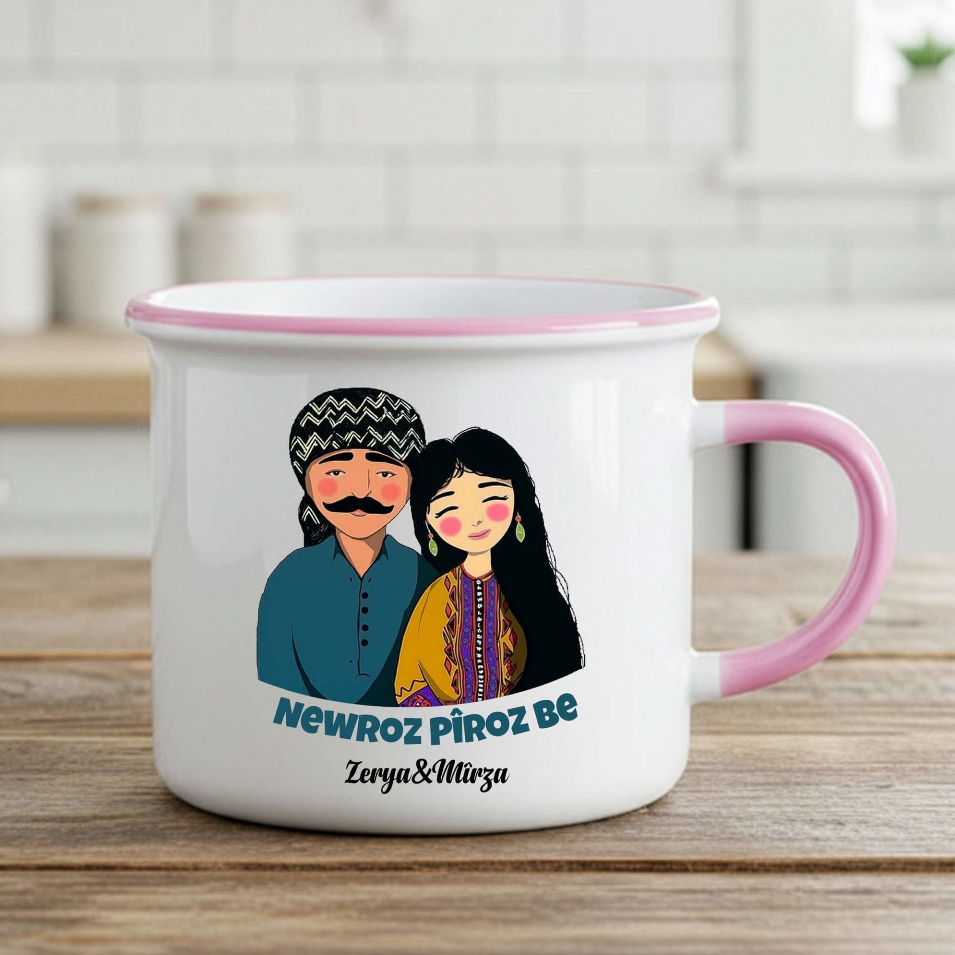 İsme Özel Newroz Pîroz be Mem û Zîn Tasarımlı Enamel Pembe Kupa Bardağı