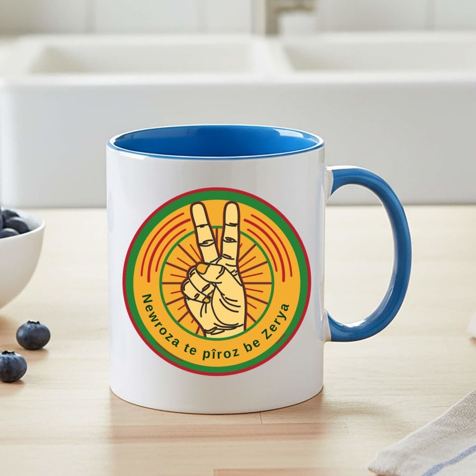 Newroz Pîroz be Zafer İşareti Tasarımlı Klasik Mavi Renk Kupa Bardak