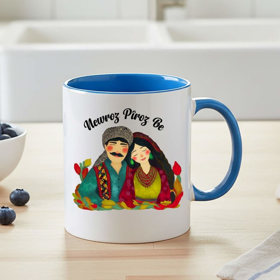 Newroz Pîroz Be Gülümseyen Mem u Zin Tasarımlı Klasik Mavi Renk Kupa Bardak