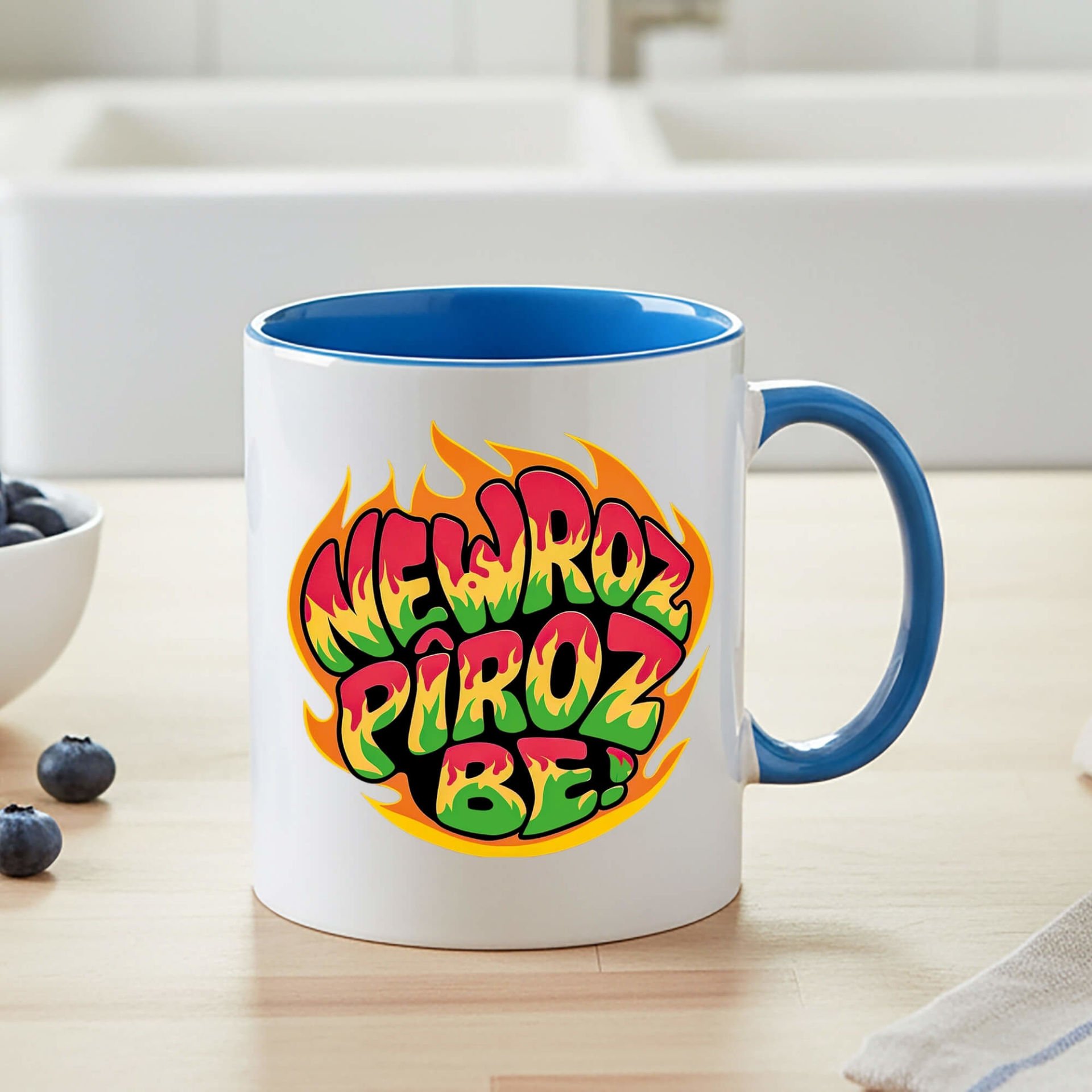 Newroz Pîroz Be Ateş Tasarımlı Klasik Mavi Renk Kupa Bardak