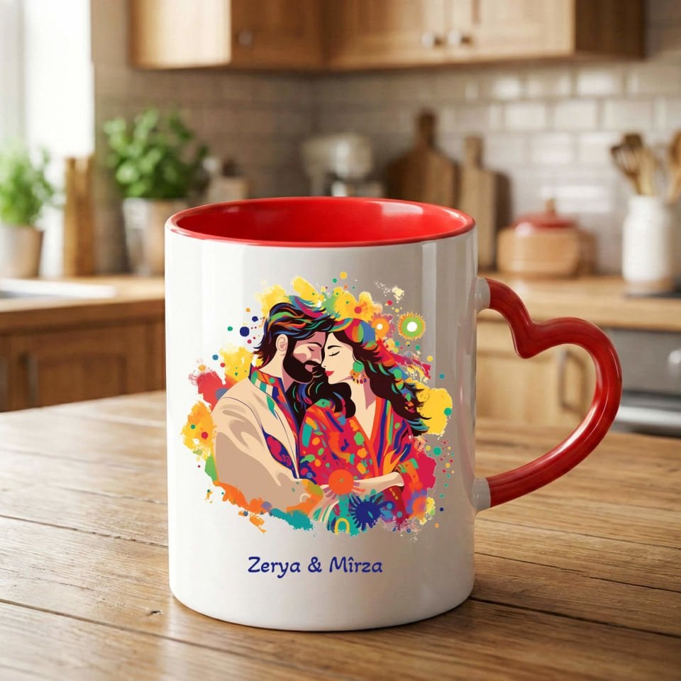 Kürtçe Cana Min Yazılı Mem û Zin Tasarımlı Kırmızı Renkli Kalp Kupa Bardağı - Cana Min Kalp Kupa Bardak