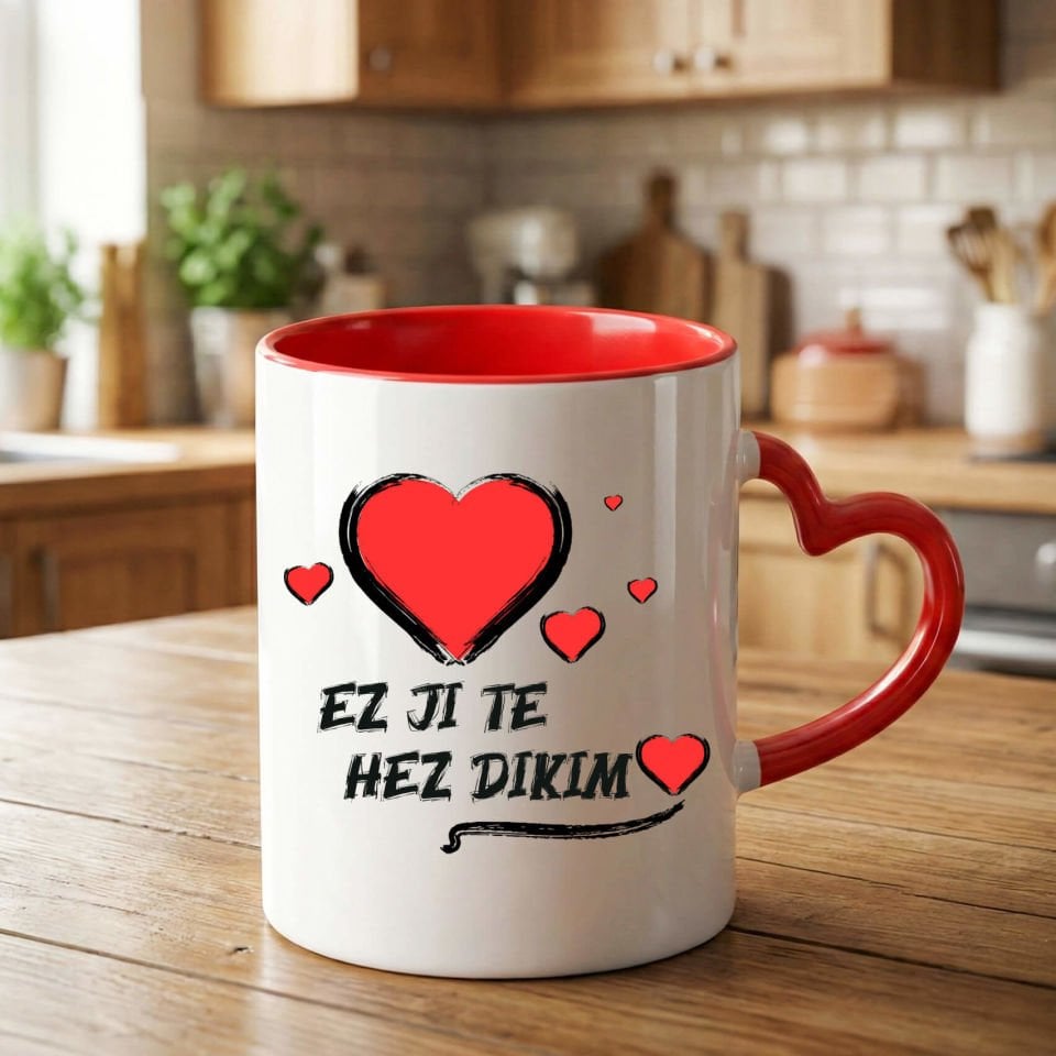 Kürtçe Ez Ji Te Hez Dikim Yazılı Kırmızı Renkli Kalp Kupa Bardağı - Ez Ji Te Hez Dikim Kalp Kupa Bardak