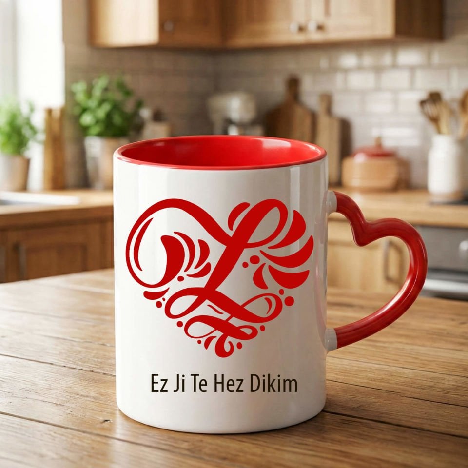 Kürtçe Ez Ji Te Hez Dikim Yazılı Kırmızı Kalp Desenli Kupa Bardağı - Ez Ji Te Hez Dikim Kalp Tasarımlı Kupa Bardak