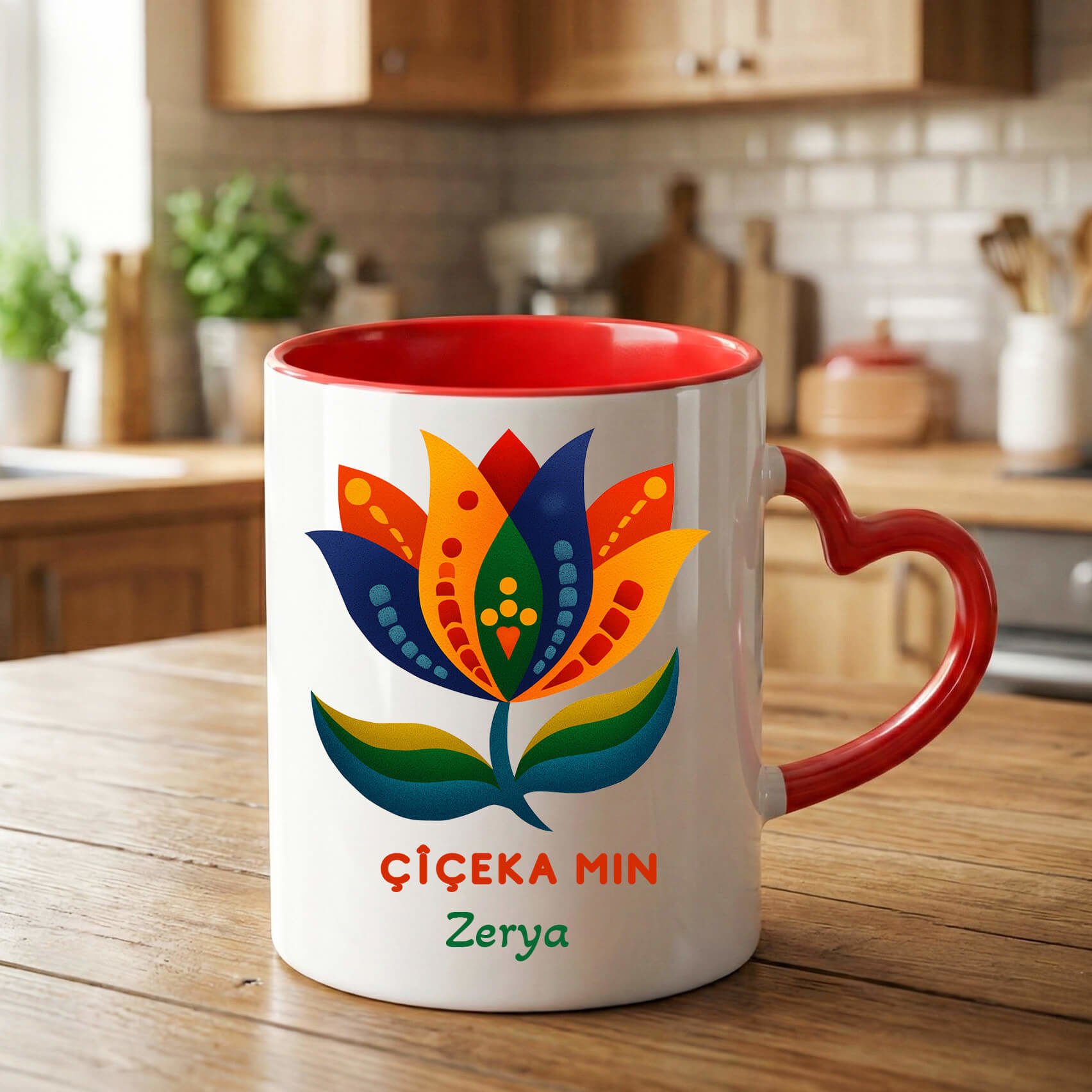 Kürtçe Çîçeka Min Yazılı Sevgililer İçin Kırmızı Kalp Kupa Bardağı - Çîçeka Min Kalp Kupa Bardak