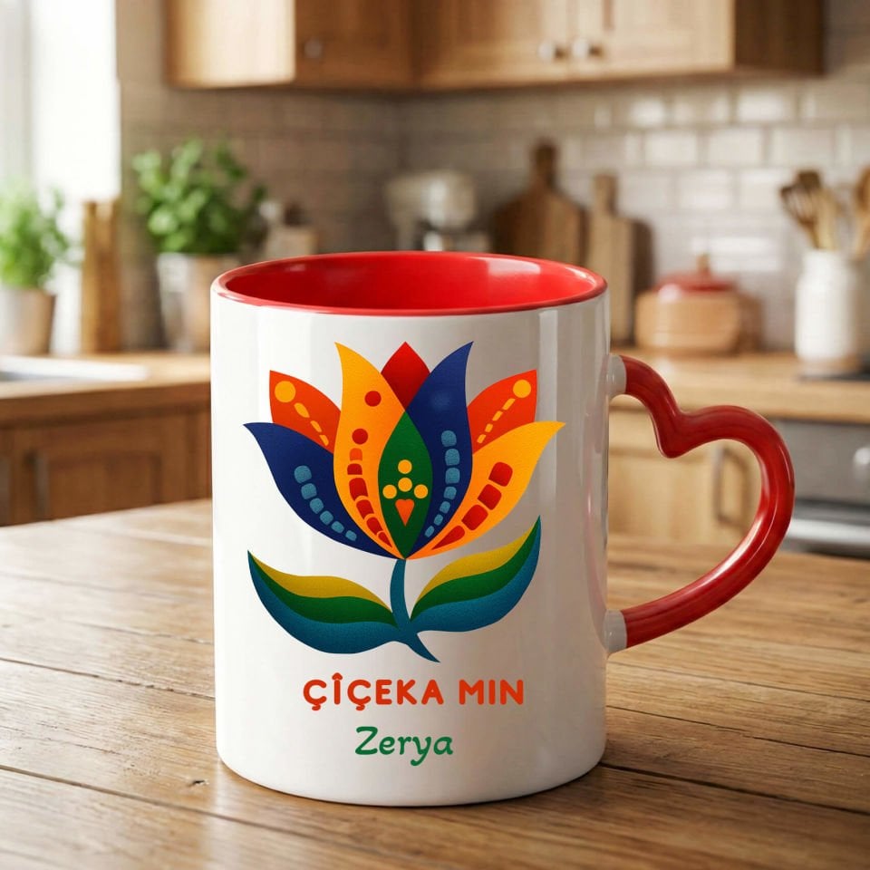 Kürtçe Çîçeka Min Yazılı Sevgililer İçin Kırmızı Kalp Kupa Bardağı - Çîçeka Min Kalp Kupa Bardak