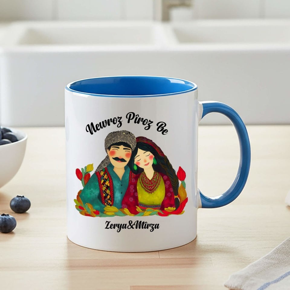 İsme Özel Newroz Pîroz Be Gülümseyen Mem u Zin Tasarımlı Klasik Mavi Renk Kupa Bardak