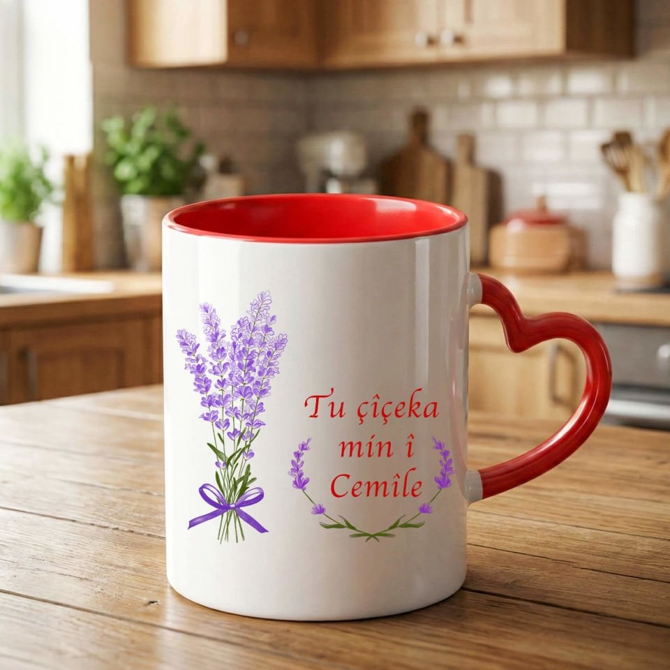 Kürtçe Tu Çîçeka Min i Yazılı Sevgililer İçin Kırmızı Kalp Kupa Bardağı -  Tu Çîçeka Min i Kalp Kupa Bardak